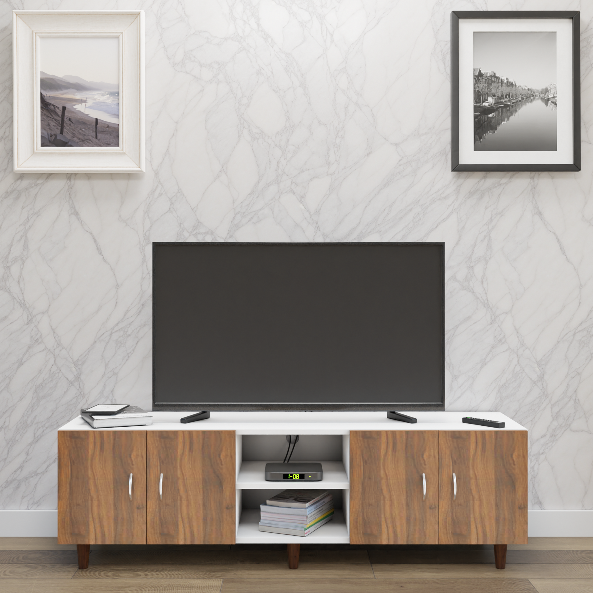 TV unit | 4 Doors, Open Shelves | Dual Color TV & Entertainment Unit VIKI FURNITURE Frosty White with Brussel Walnut