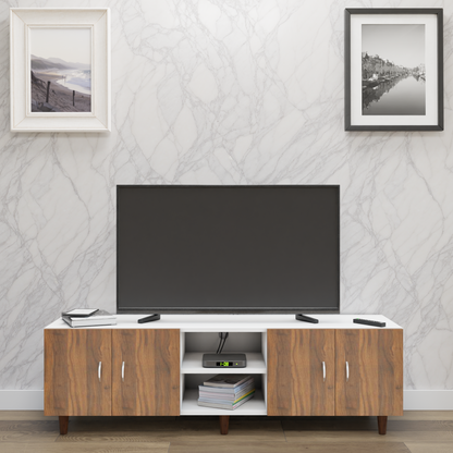 TV unit | 4 Doors, Open Shelves | Dual Color TV & Entertainment Unit VIKI FURNITURE Frosty White with Brussel Walnut