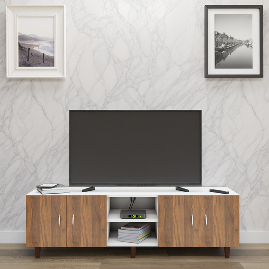 TV unit | 4 Doors, Open Shelves | Dual Color TV & Entertainment Unit VIKI FURNITURE Frosty White with Brussel Walnut