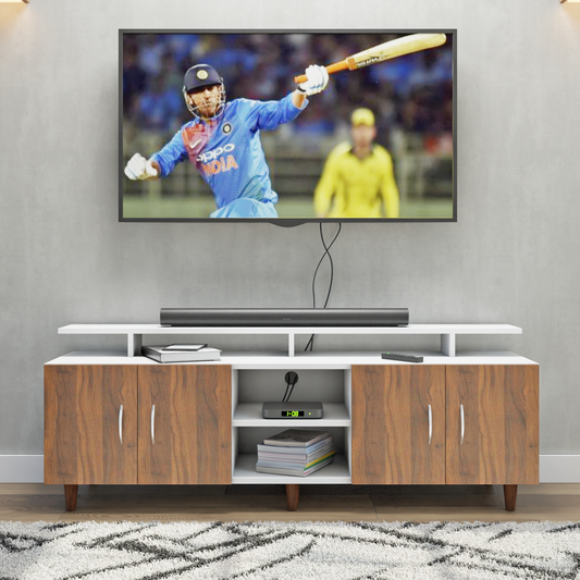 TV unit | 4 Doors, Open Shelves & Extension | Dual Color TV & Entertainment Unit VIKI FURNITURE Frosty White with Brussel Walnut