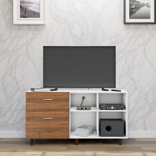 TV Unit | 2 Drawers, Shelf & Open Shelves | Dual Color TV & Entertainment Unit VIKI FURNITURE