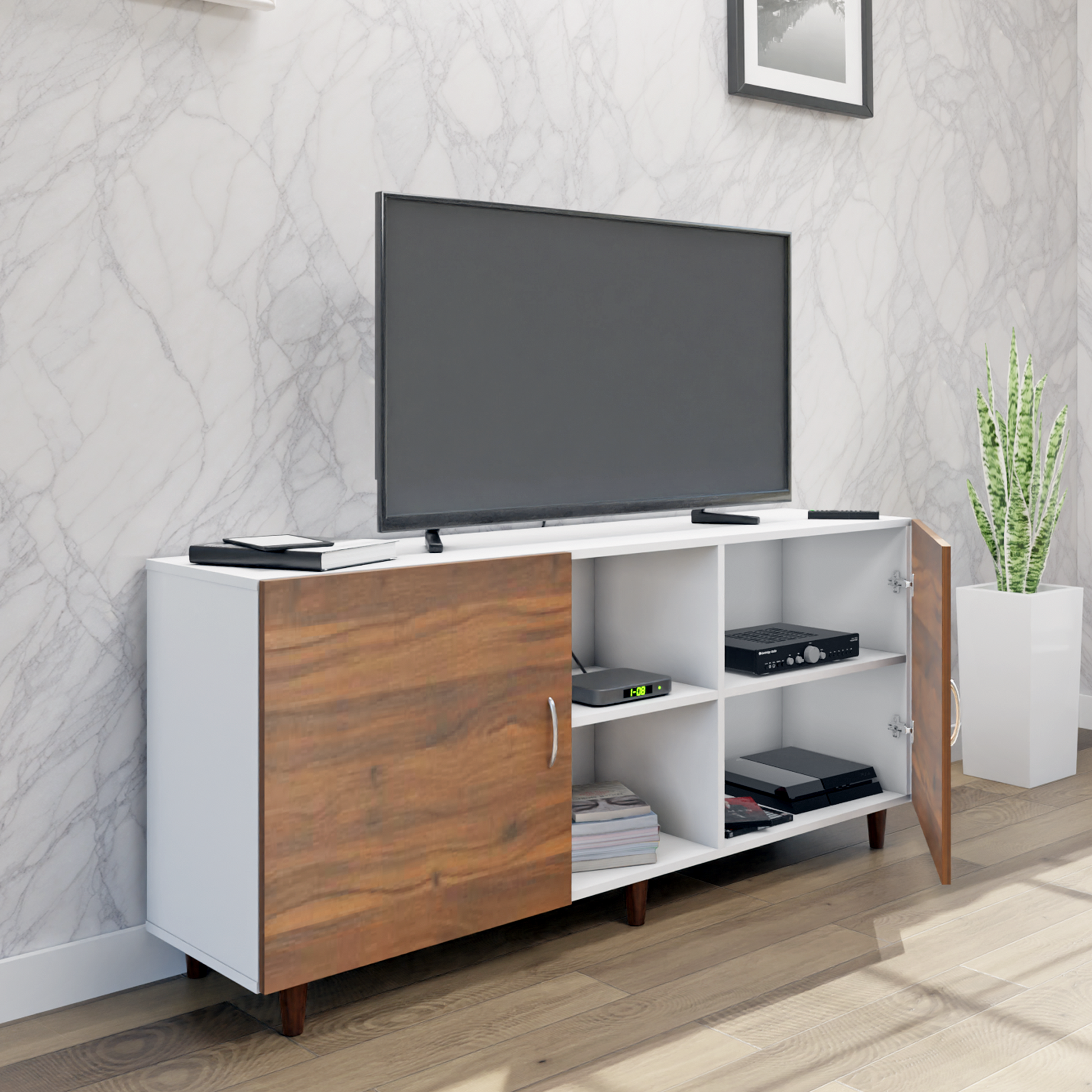 TV Unit | 2 Doors, Open Shelves | Dual Color TV & Entertainment Unit VIKI FURNITURE