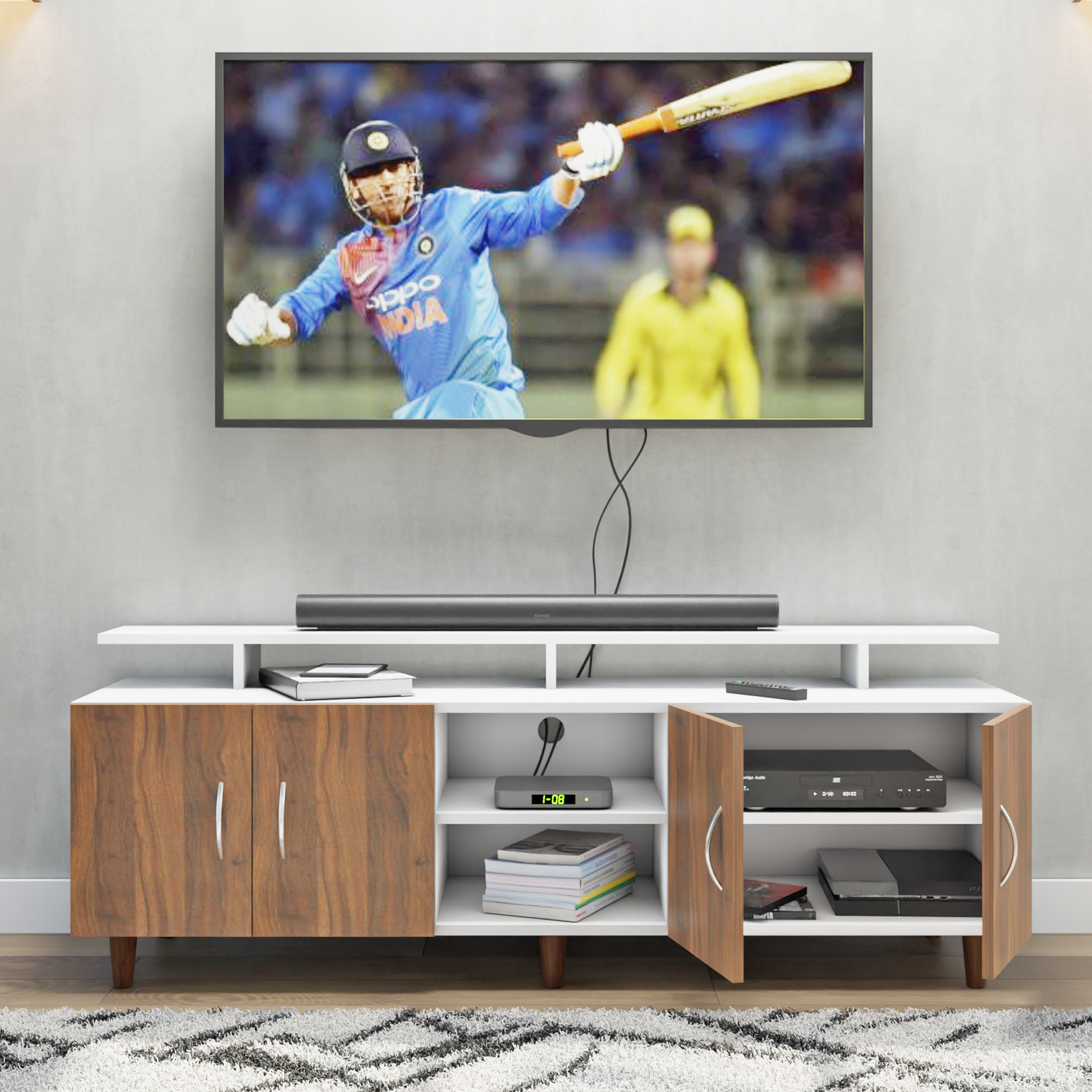 TV unit | 4 Doors, Open Shelves & Extension | Dual Color TV & Entertainment Unit VIKI FURNITURE