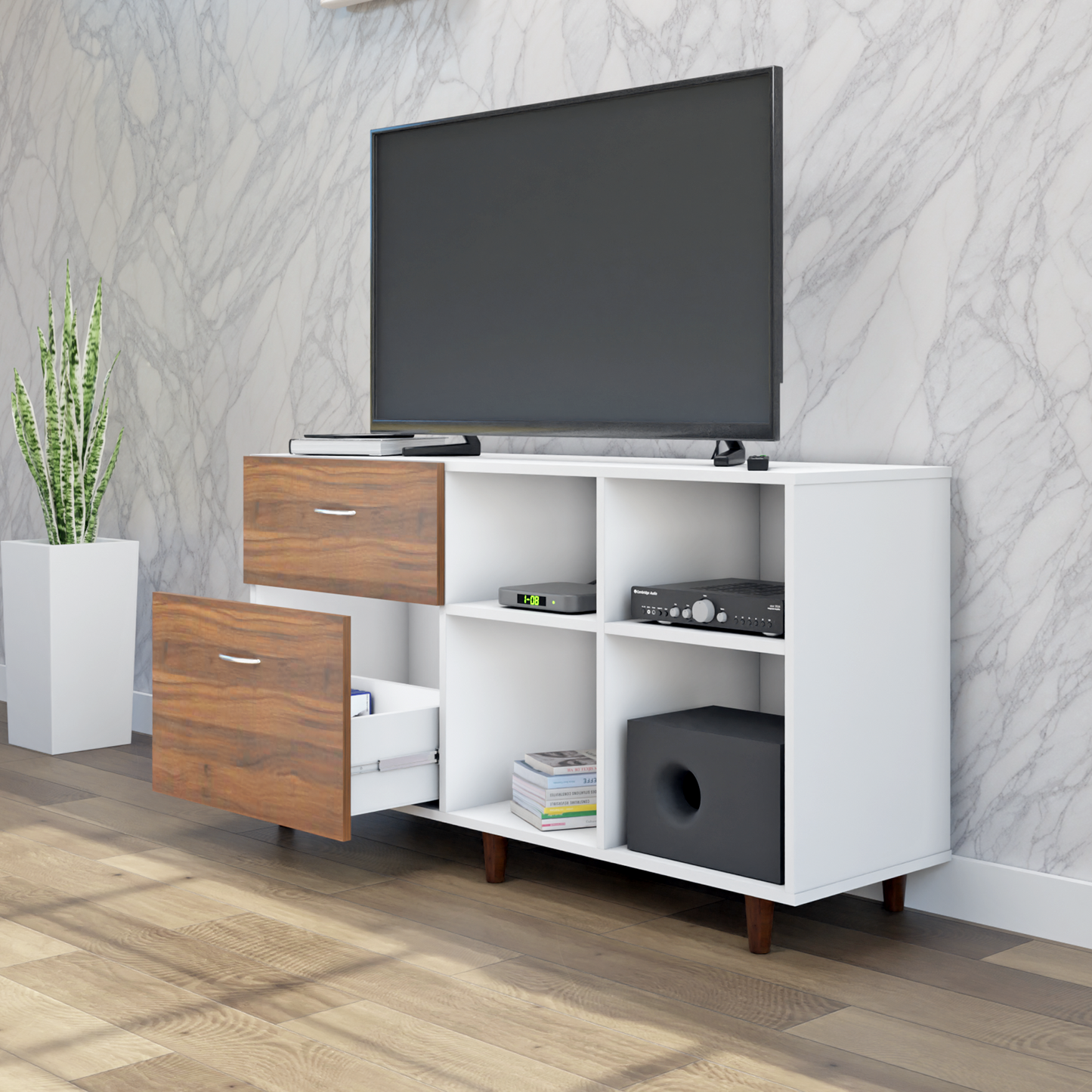 TV Unit | 2 Drawers, Shelf & Open Shelves | Dual Color TV & Entertainment Unit VIKI FURNITURE