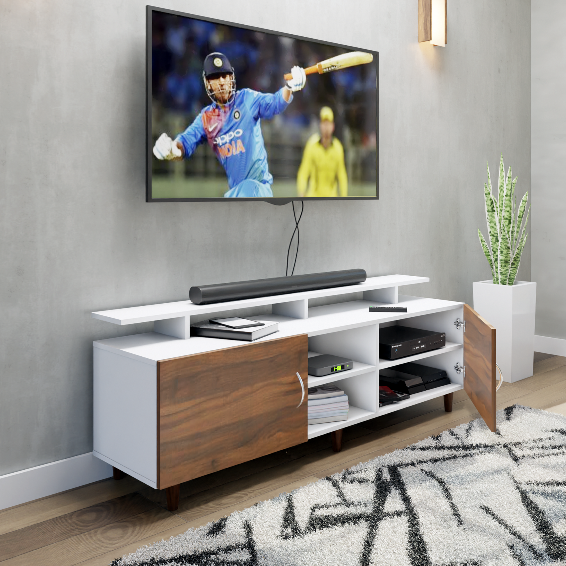 TV unit | 2 Doors, Open Shelves & Extension | Dual Color TV & Entertainment Unit VIKI FURNITURE
