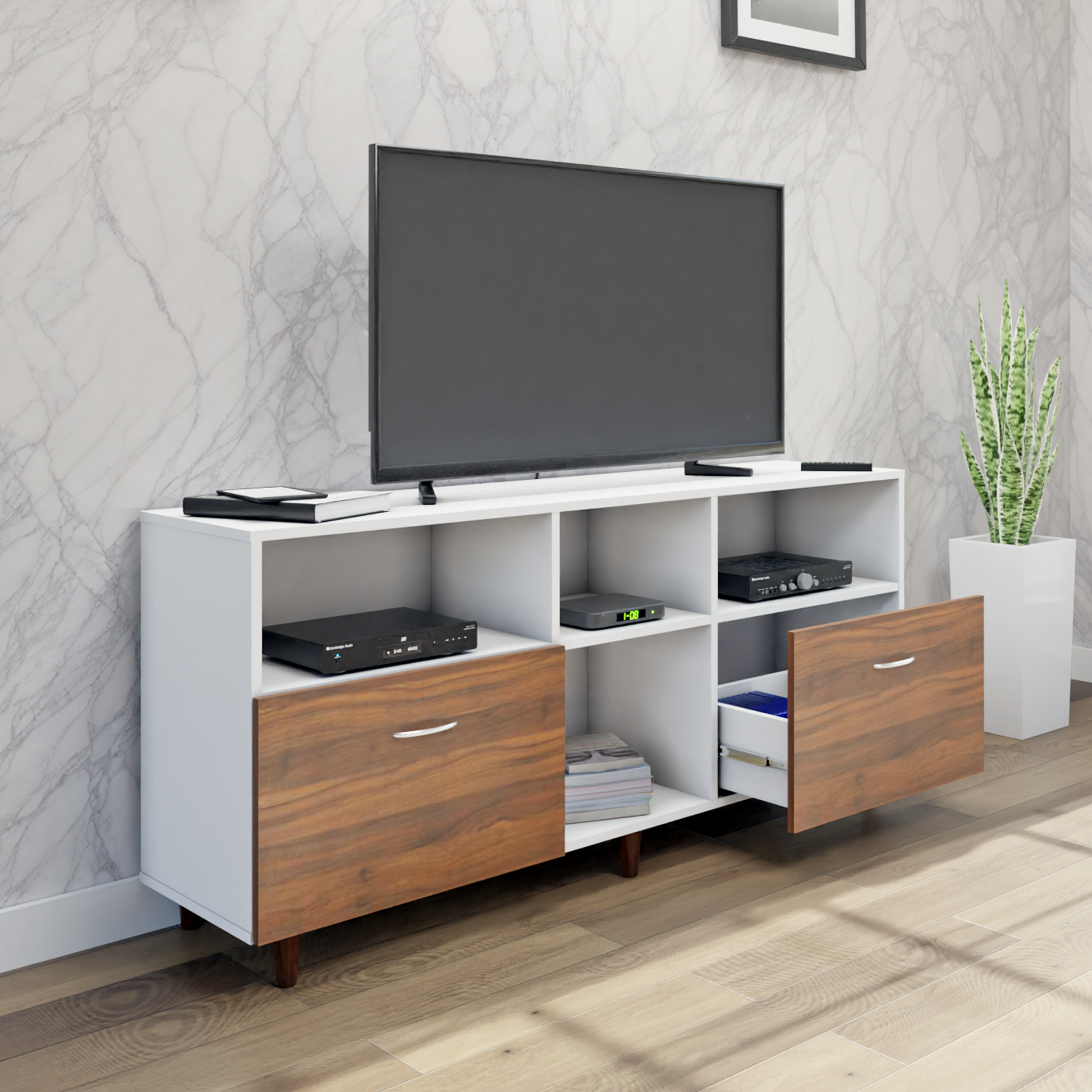 TV unit | 2 Drawers, Shelf & Open Shelves | Dual Color TV & Entertainment Unit VIKI FURNITURE