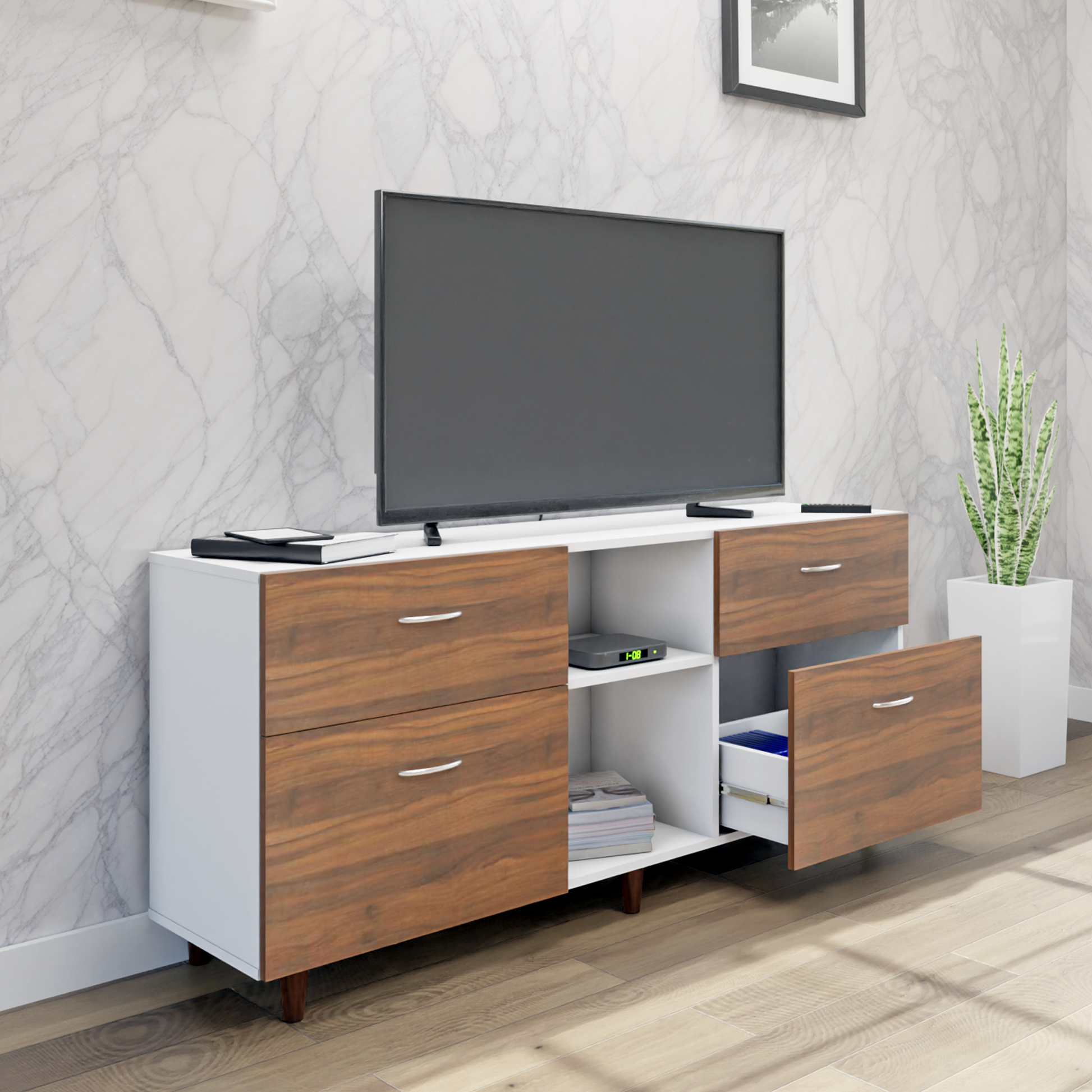 TV unit | 4 Drawers, Open Shelves | Dual Color TV & Entertainment Unit VIKI FURNITURE