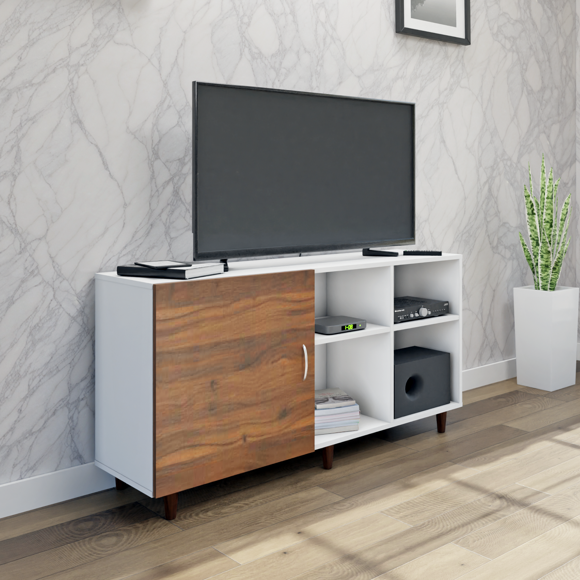 TV Unit | 1 Door, Open Shelves | Dual Color TV & Entertainment Unit VIKI FURNITURE Frosty White with Brussel Walnut