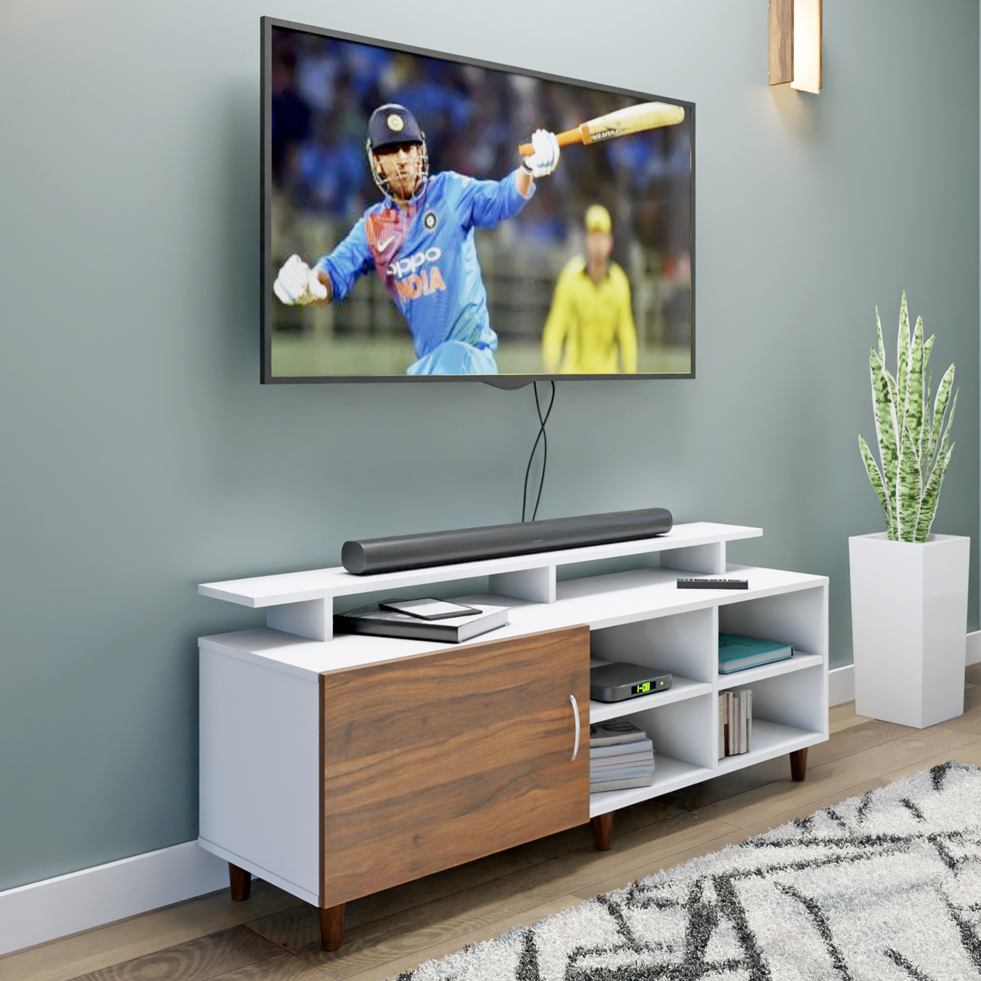 TV Unit | 1 Door, Open Shelves & Extension | Dual Color TV & Entertainment Unit VIKI FURNITURE Frosty White with Brussel Walnut