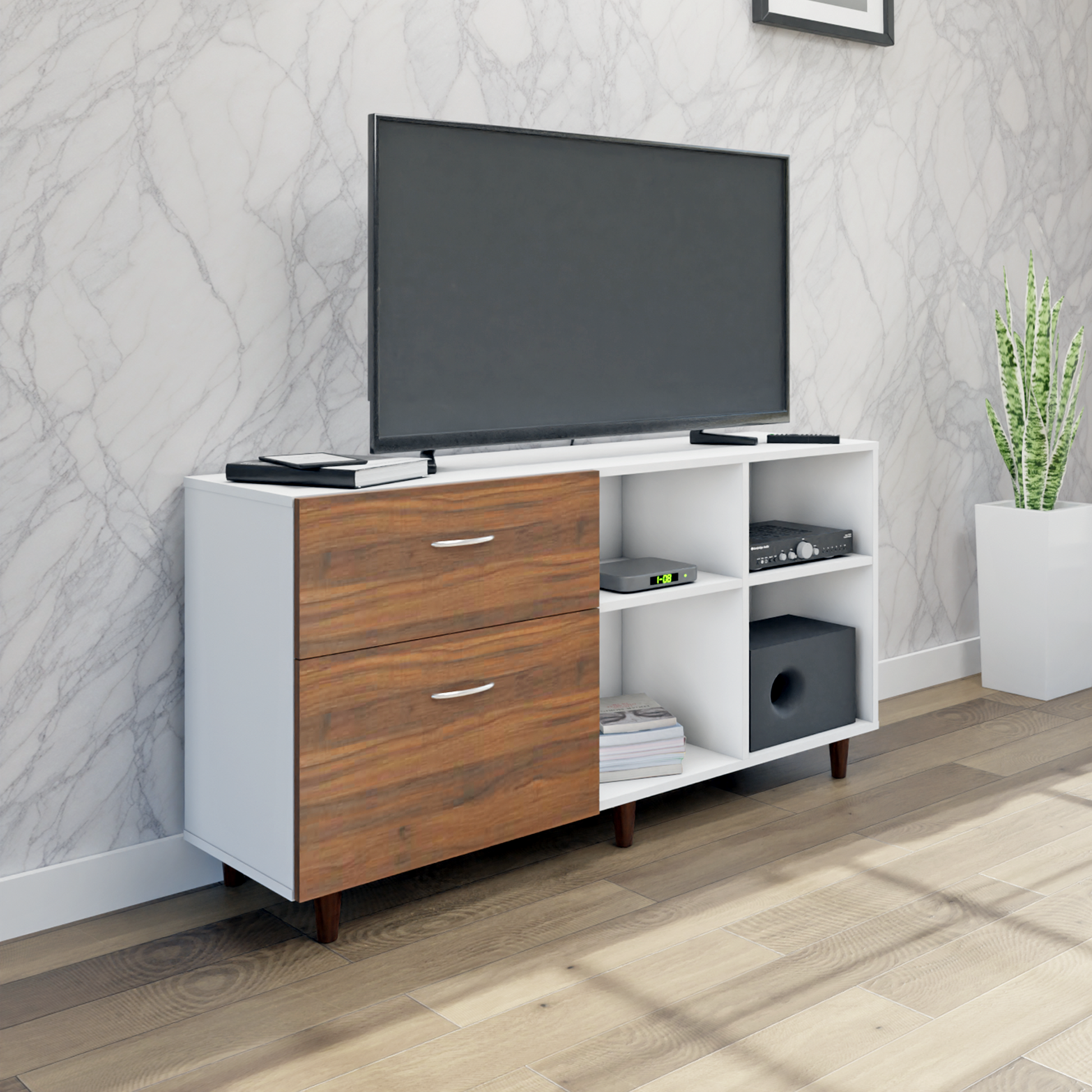 TV Unit | 2 Drawers, Shelf & Open Shelves | Dual Color TV & Entertainment Unit VIKI FURNITURE Frosty White with Brussel Walnut