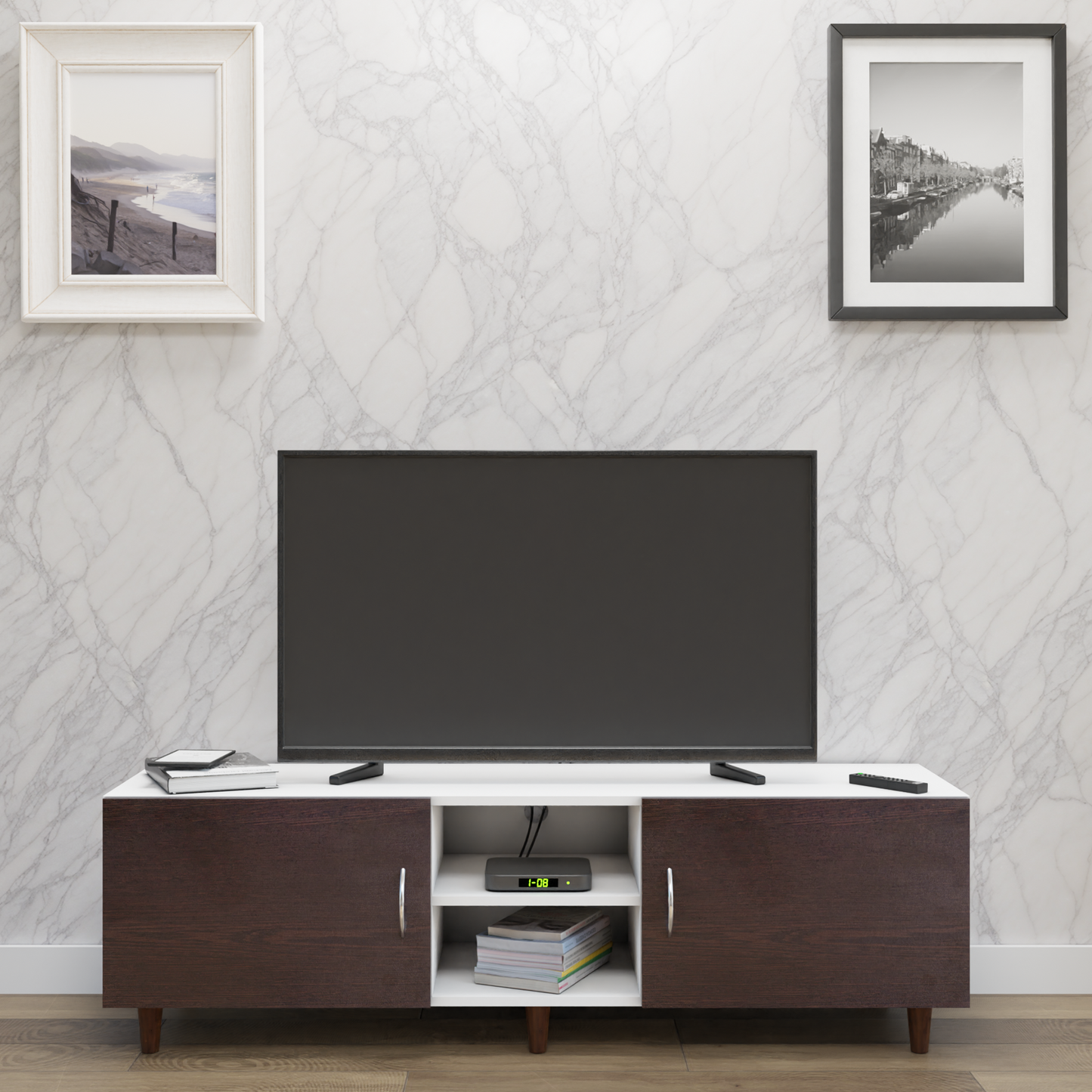 TV Unit | 2 Doors, Open Shelves | Dual Color TV & Entertainment Unit VIKI FURNITURE Frosty White with Dark Wenge