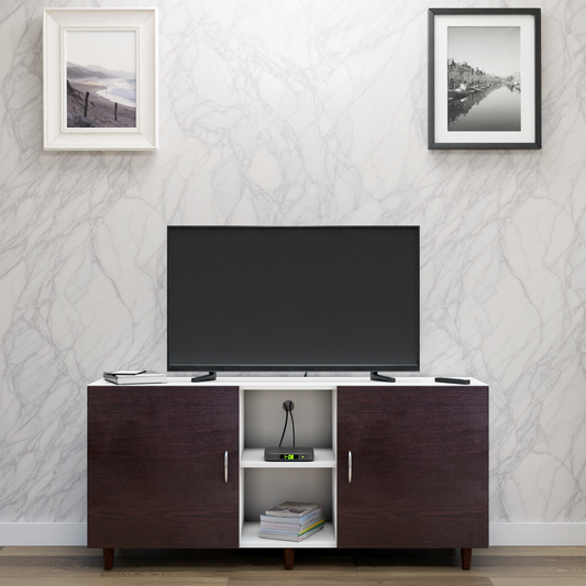 TV Unit | 2 Doors, Open Shelves | Dual Color TV & Entertainment Unit VIKI FURNITURE Frosty White with Dark Wenge