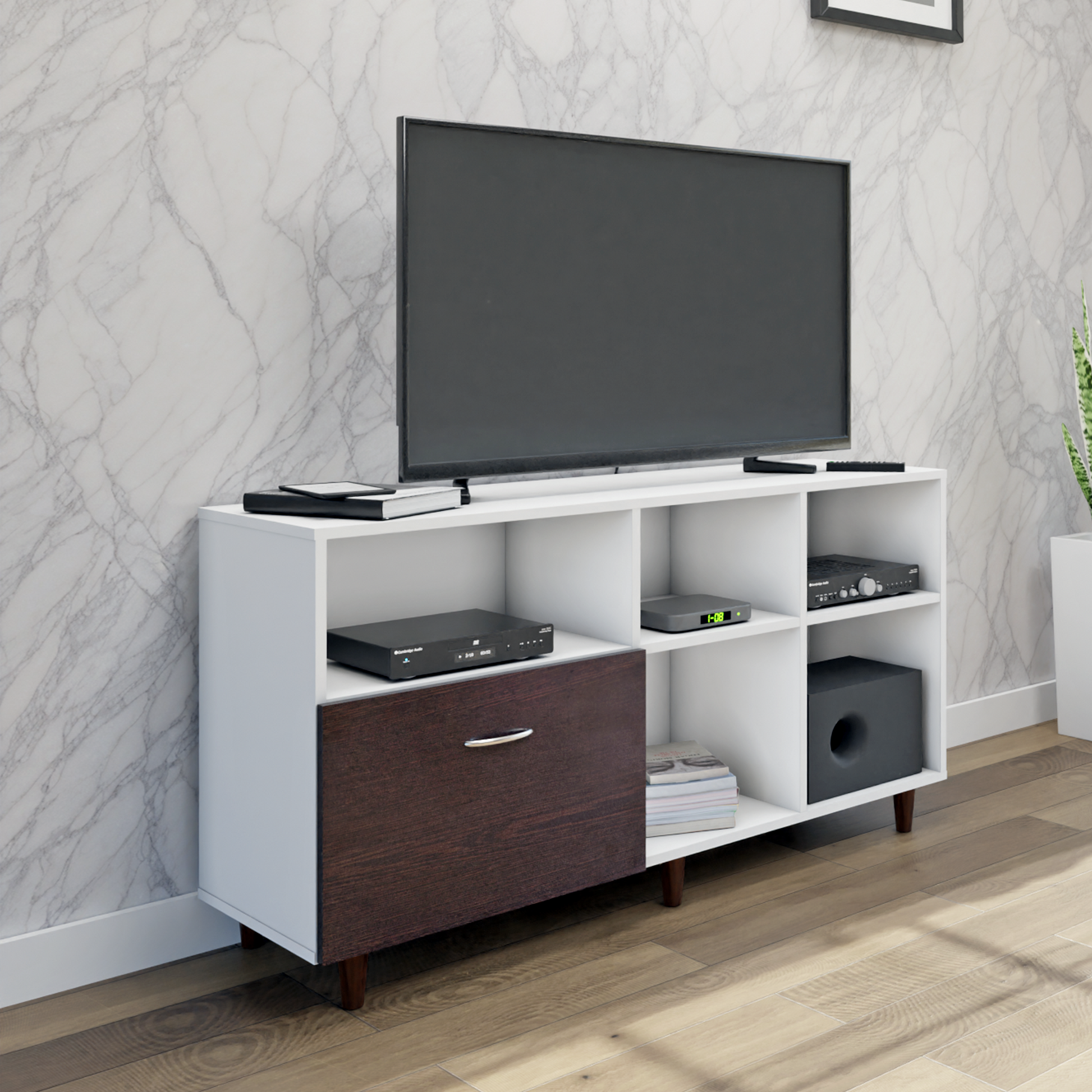 TV Unit | 1 Drawer, Shelf & Open Shelves | Dual Color TV & Entertainment Unit VIKI FURNITURE