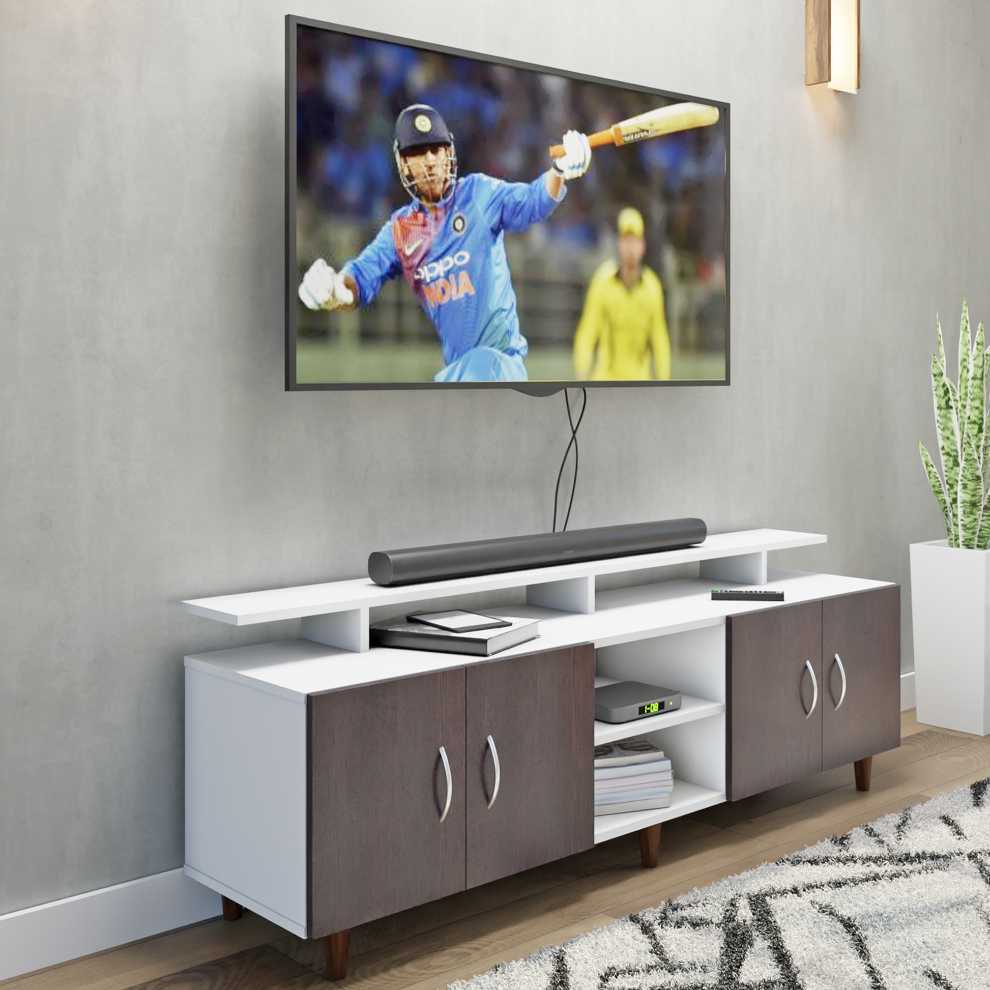 TV unit | 4 Doors, Open Shelves & Extension | Dual Color TV & Entertainment Unit VIKI FURNITURE