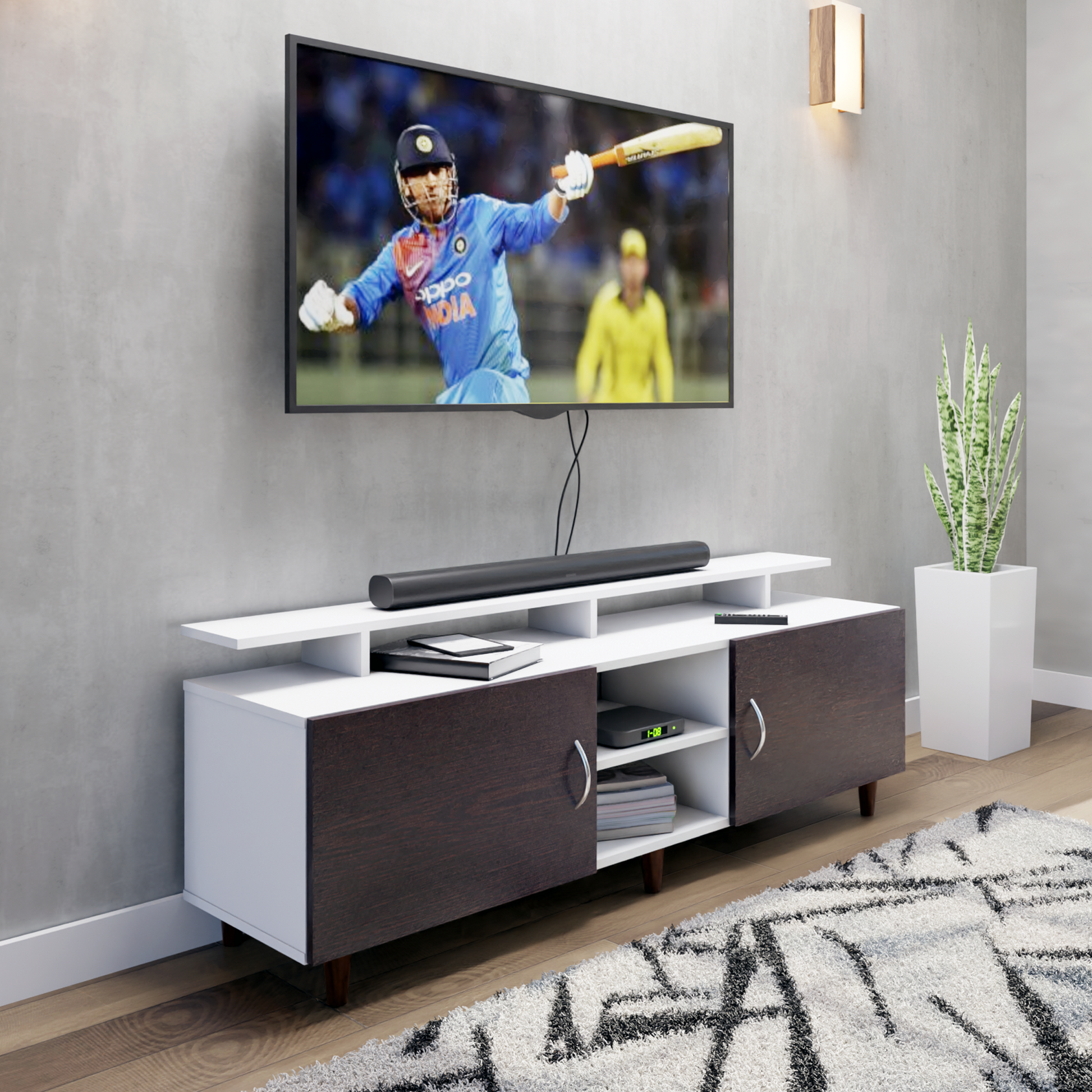 TV unit | 2 Doors, Open Shelves & Extension | Dual Color TV & Entertainment Unit VIKI FURNITURE