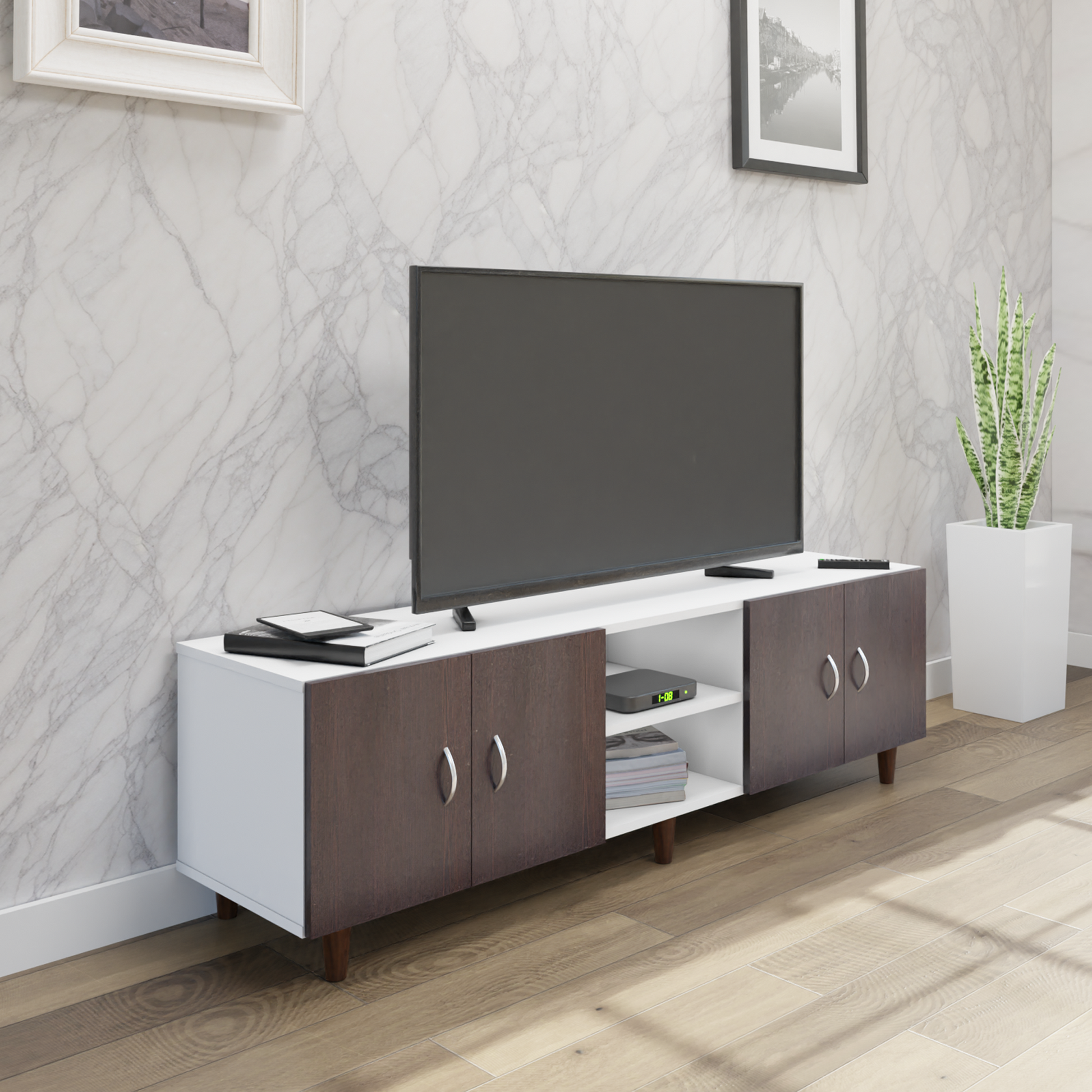 TV unit | 4 Doors, Open Shelves | Dual Color TV & Entertainment Unit VIKI FURNITURE