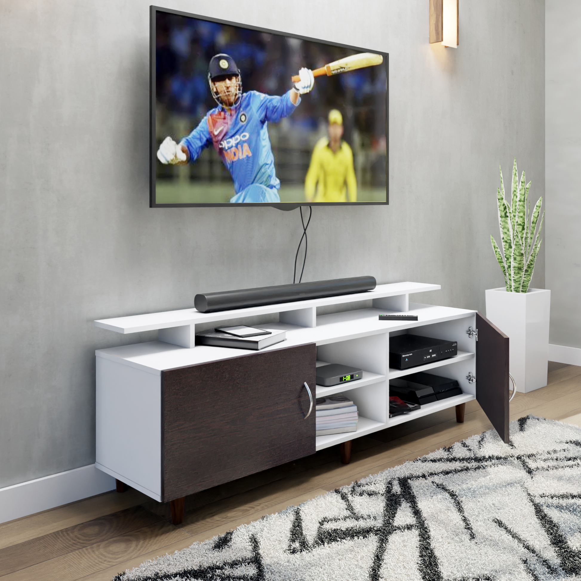 TV unit | 2 Doors, Open Shelves & Extension | Dual Color TV & Entertainment Unit VIKI FURNITURE