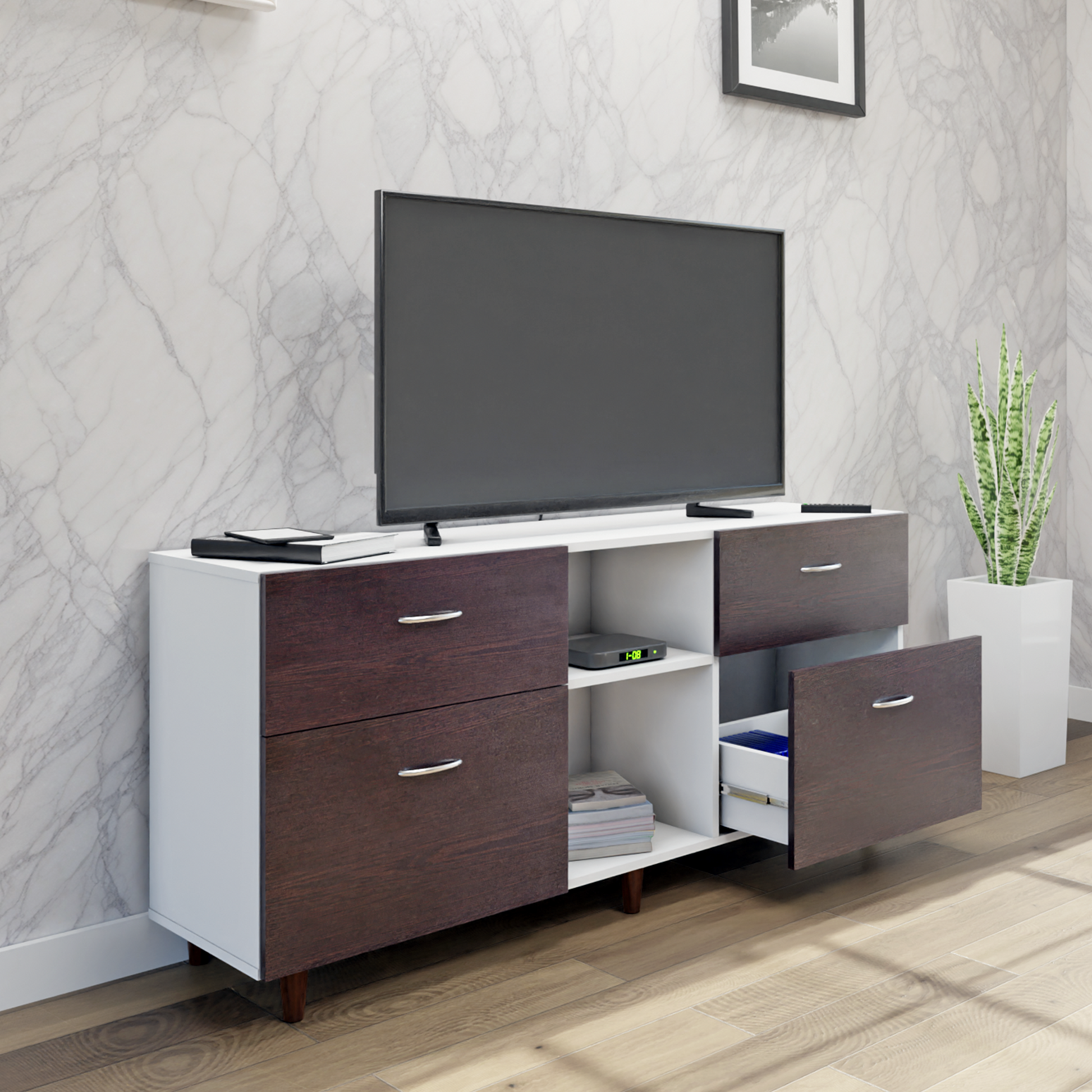 TV unit | 4 Drawers, Open Shelves | Dual Color TV & Entertainment Unit VIKI FURNITURE