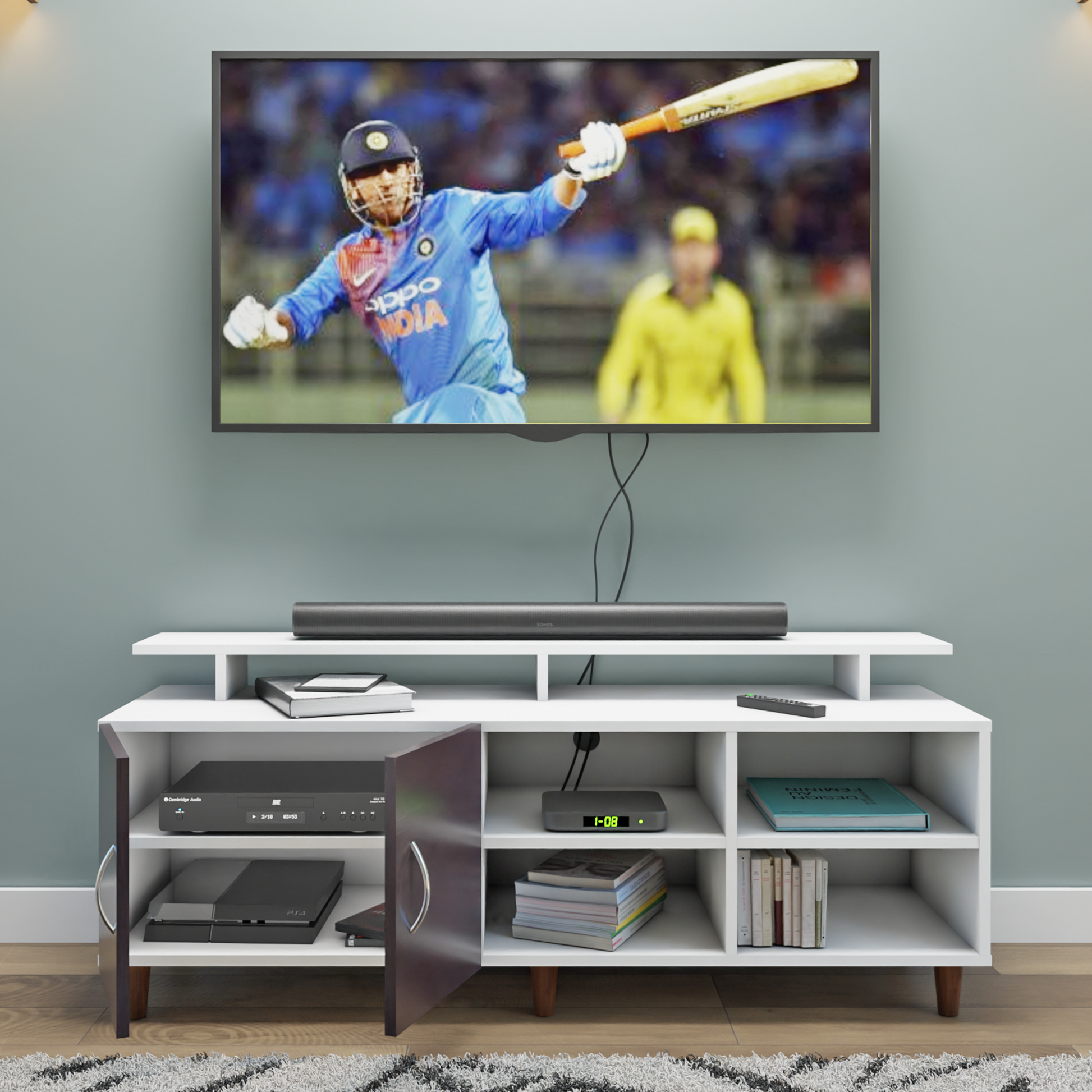 TV Unit | 2 Door, Open Shelves & Extension | Dual Color TV & Entertainment Unit VIKI FURNITURE