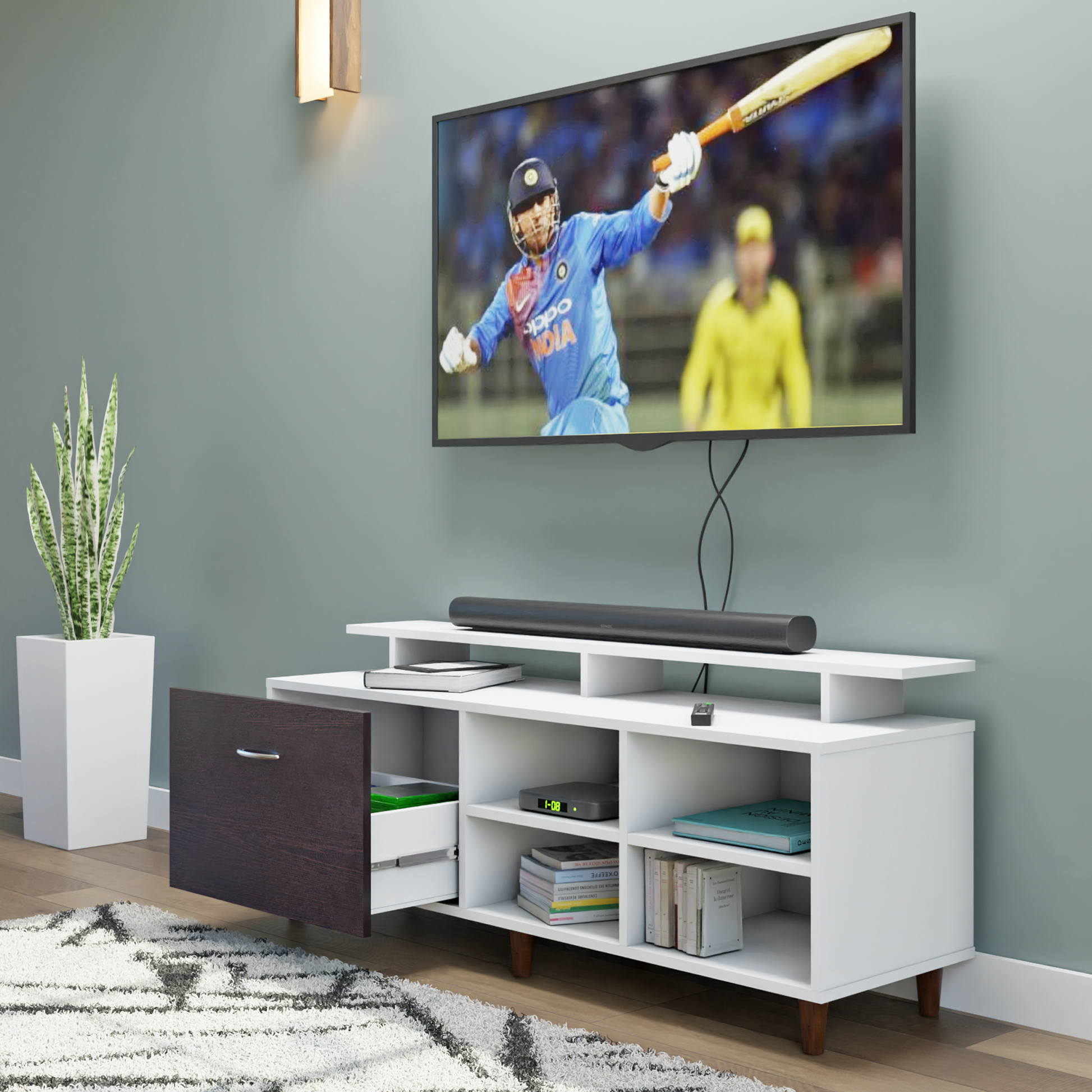 TV Unit | 1 Drawer, Open Shelves & Extension | Dual Color TV & Entertainment Unit VIKI FURNITURE