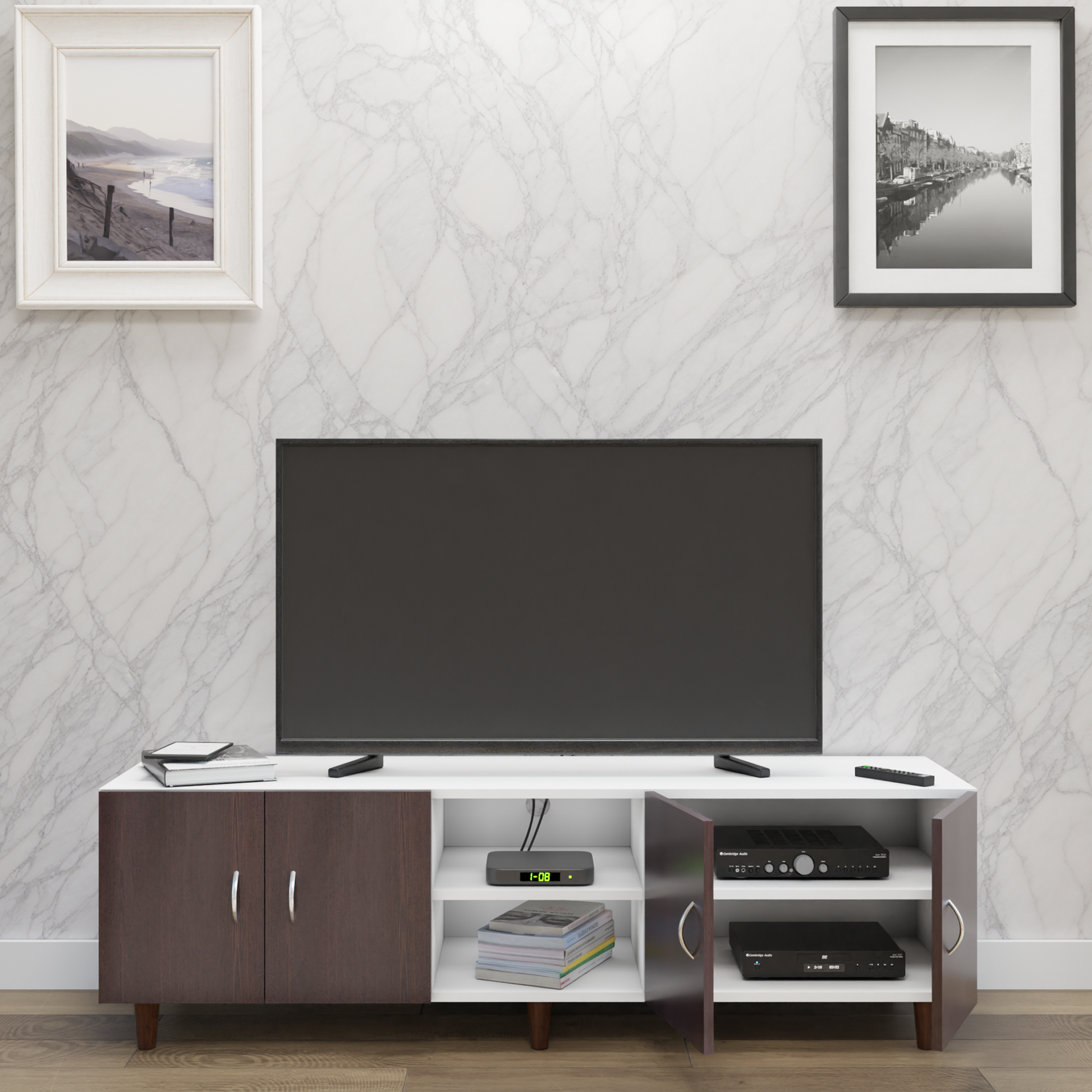 TV unit | 4 Doors, Open Shelves | Dual Color TV & Entertainment Unit VIKI FURNITURE