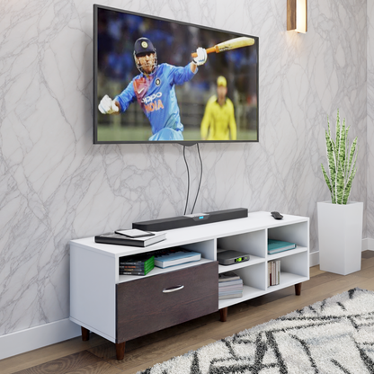 TV Unit | 1 Drawer, Shelf, Open Shelves & | Dual Color TV & Entertainment Unit VIKI FURNITURE Frosty White with Dark Wenge