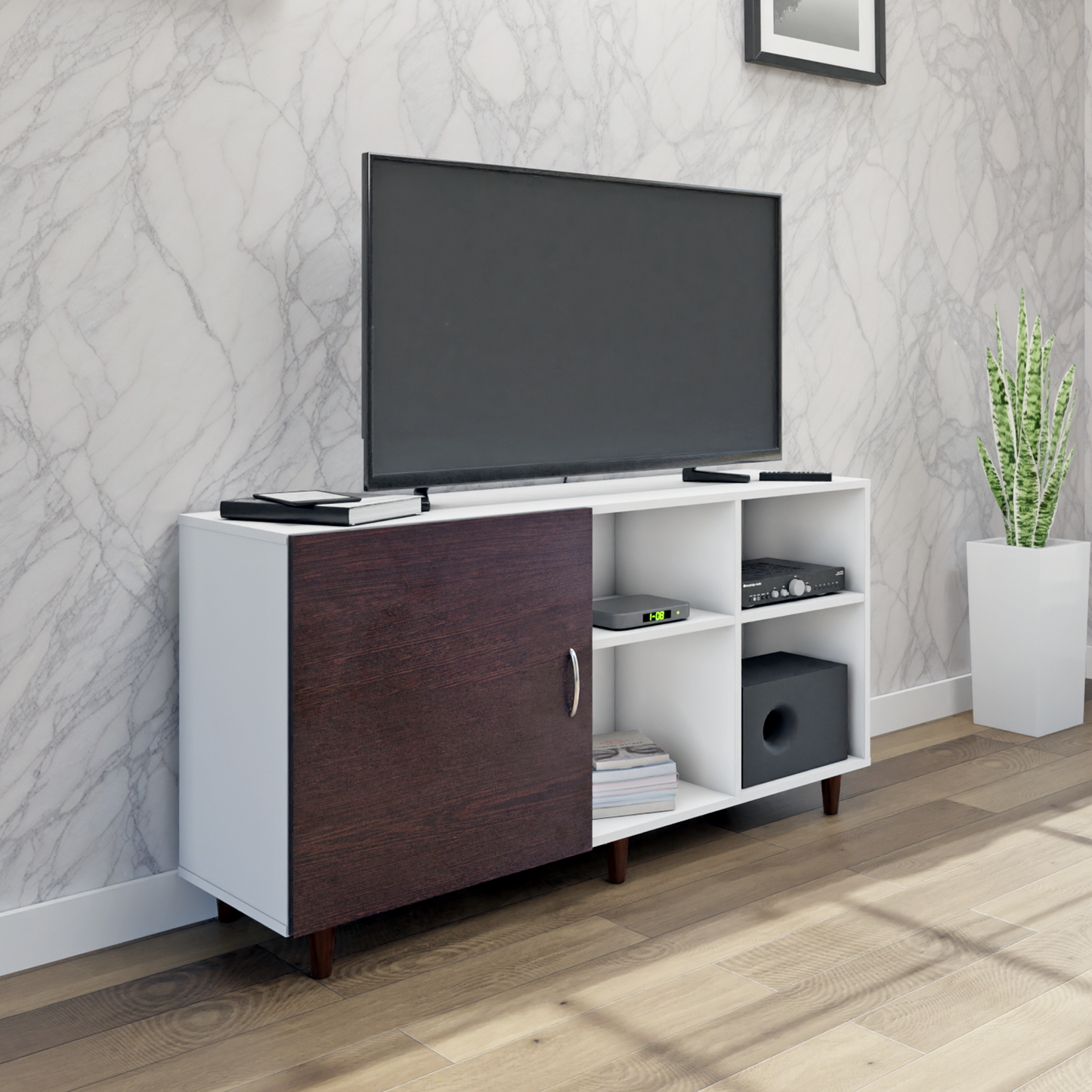 TV Unit | 1 Door, Open Shelves | Dual Color TV & Entertainment Unit VIKI FURNITURE Frosty White with Dark Wenge