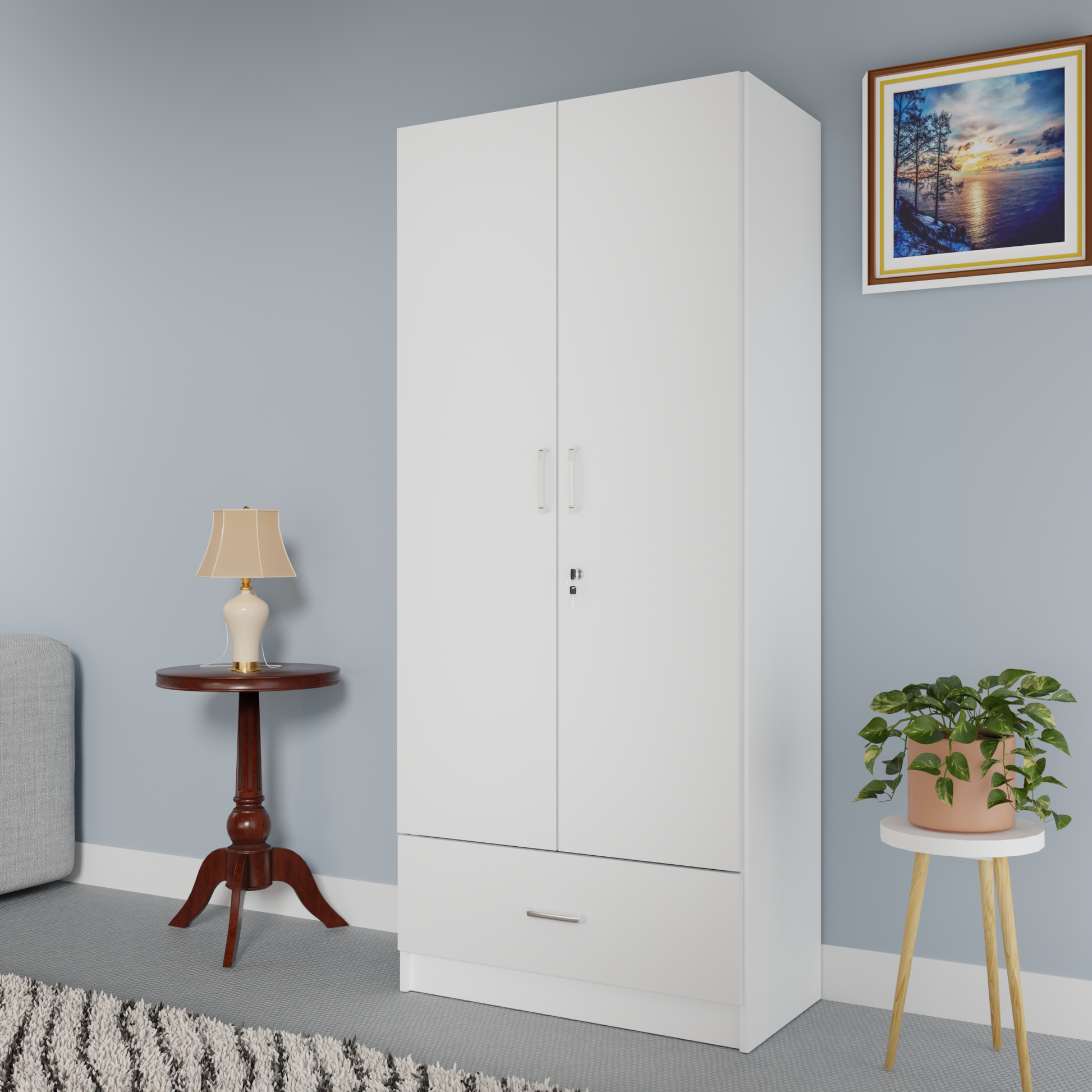 VIKI | Almirah for 2 Door Wardrobe with 1 Drawer & Hanging Space( 40D x 80W x 180.8H) Wardrobes VIKI FURNITURE White