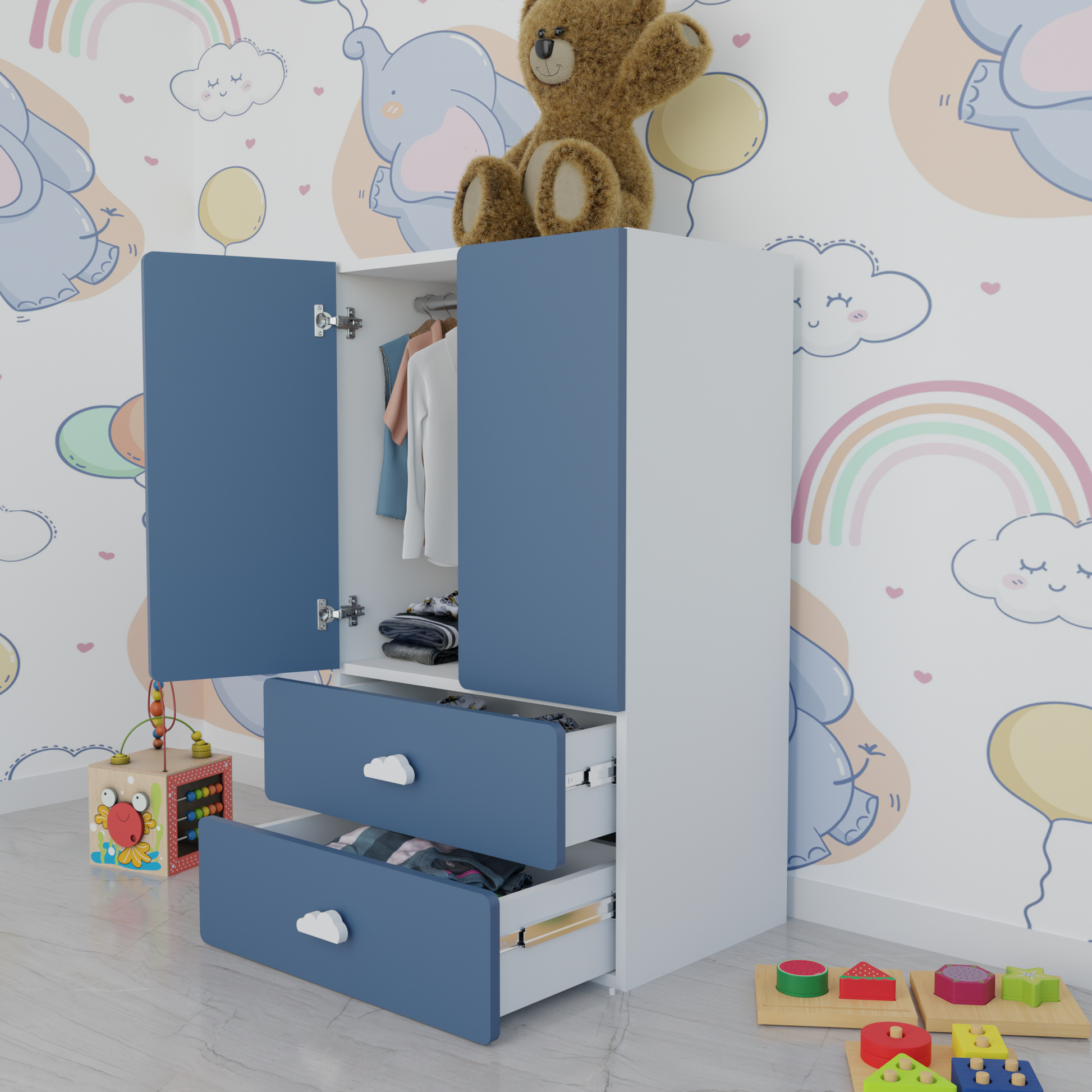 LittleCloud | Almara with 2 Drawers, 2 Doors with Hanger Rod Kids Wardrobes VIKI FURNITURE Blue