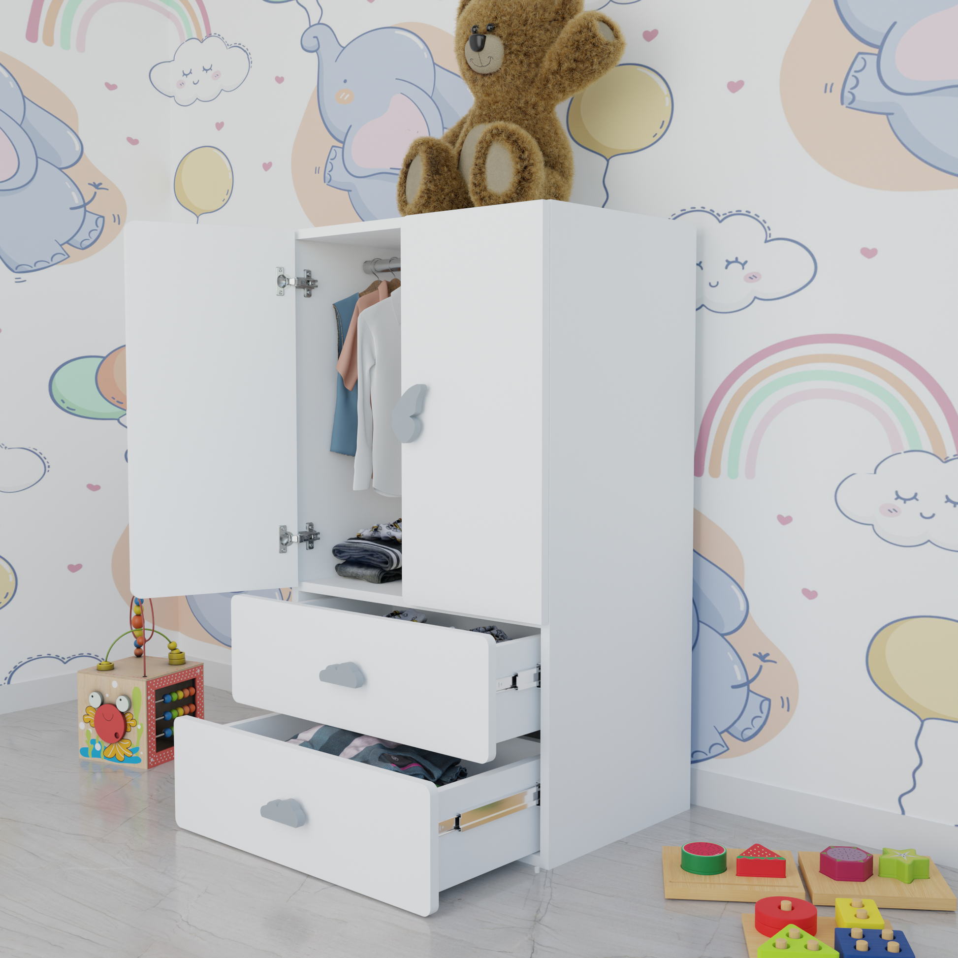 LittleCloud | Almara with 2 Drawers, 2 Doors with Hanger Rod Kids Wardrobes VIKI FURNITURE White