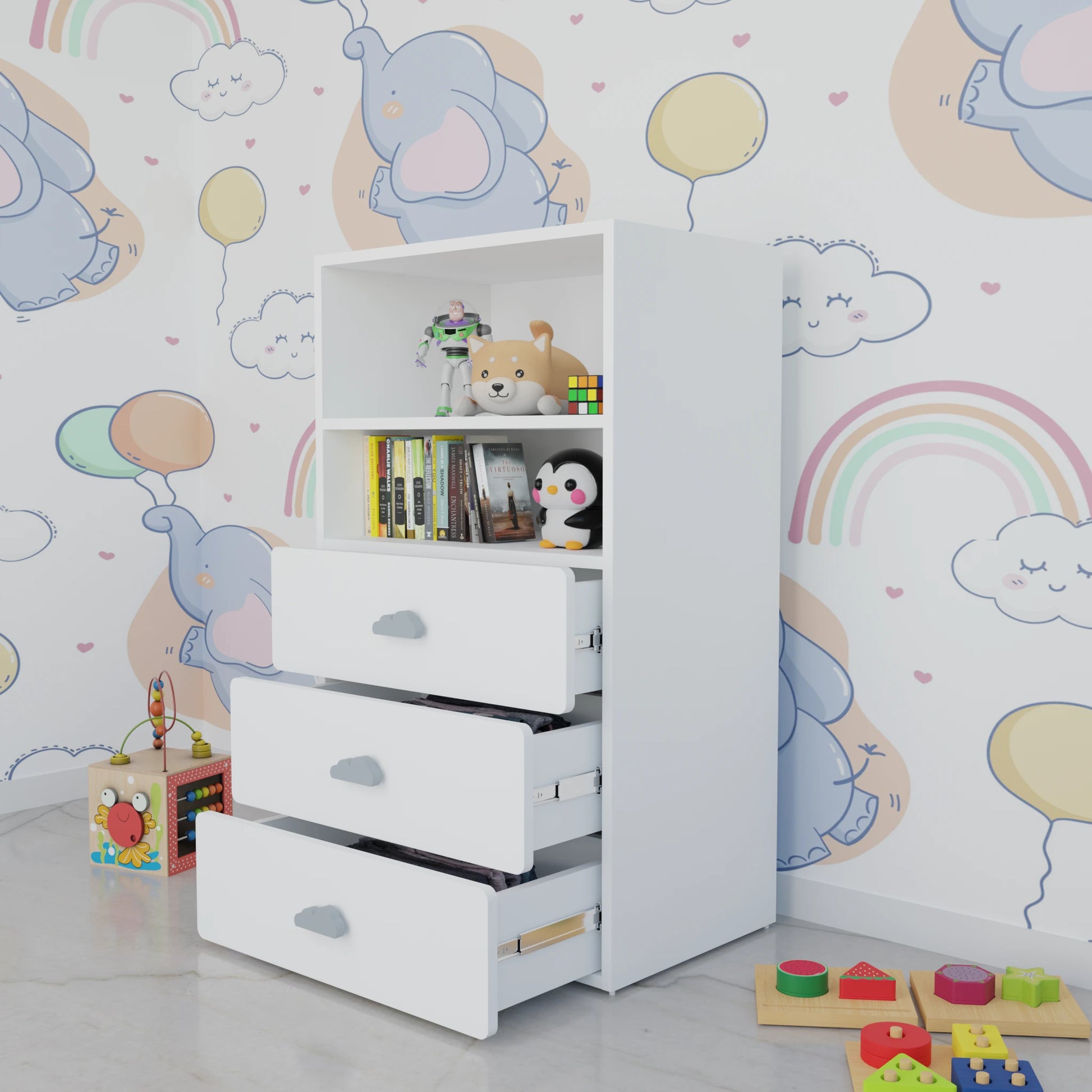 LittleCloud | Book Rack with 3 Drawers Bookcases & Standing Shelves VIKI FURNITURE White
