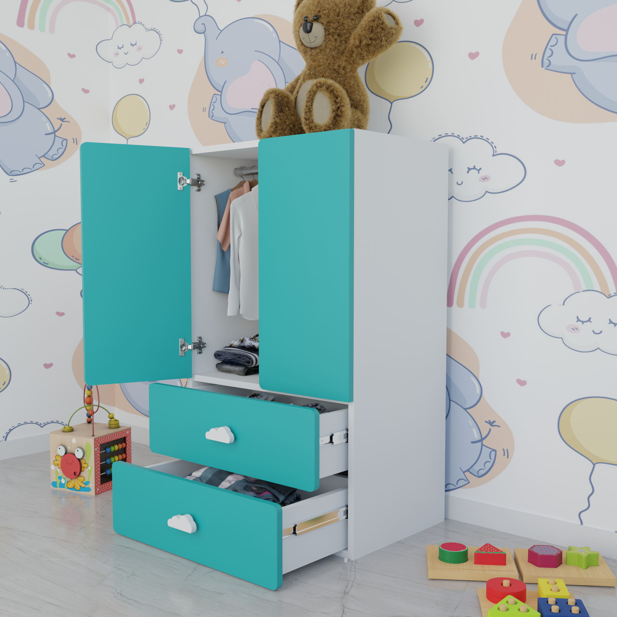 LittleCloud | Almara with 2 Drawers, 2 Doors with Hanger Rod Kids Wardrobes VIKI FURNITURE Green