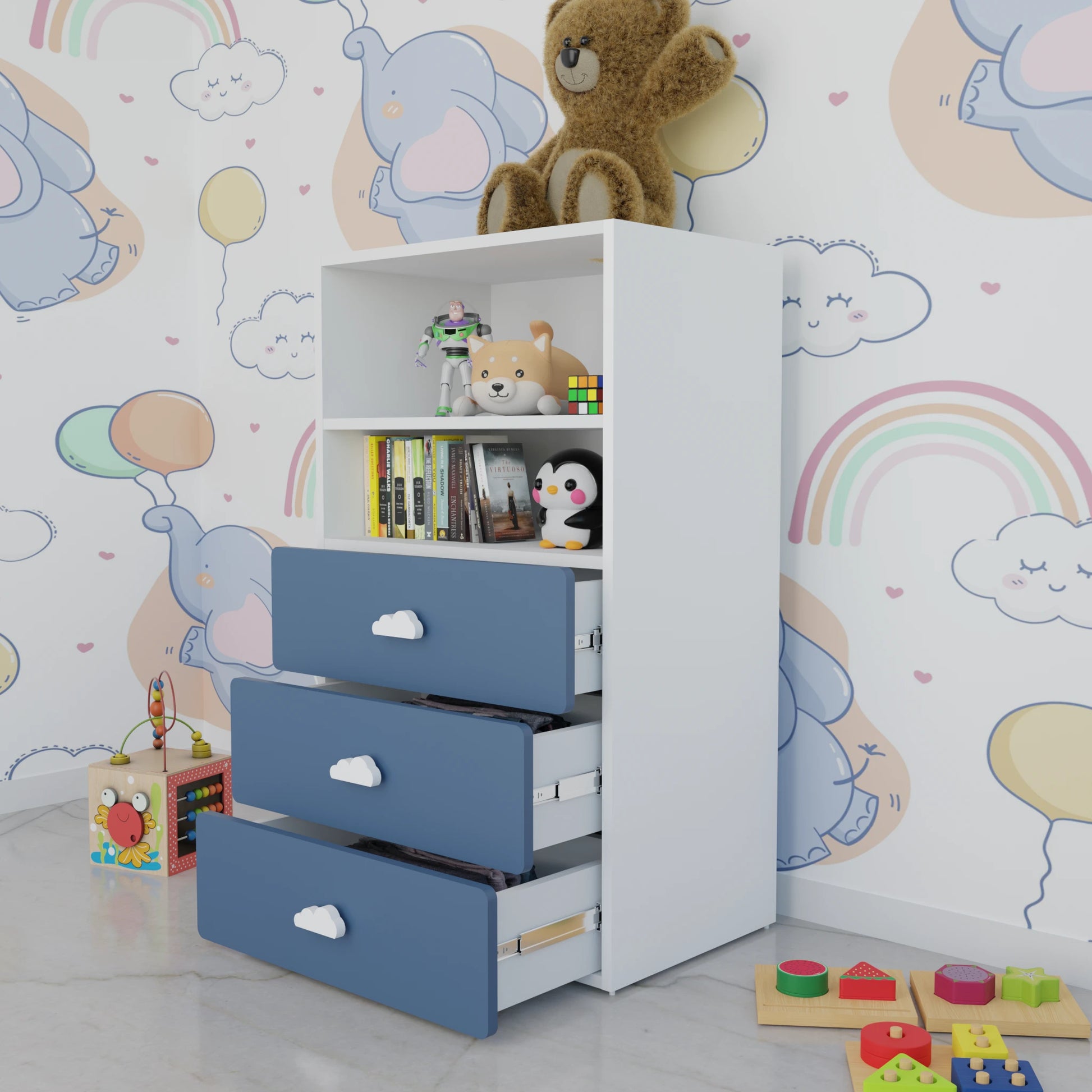 LittleCloud | Book Rack with 3 Drawers Bookcases & Standing Shelves VIKI FURNITURE Blue