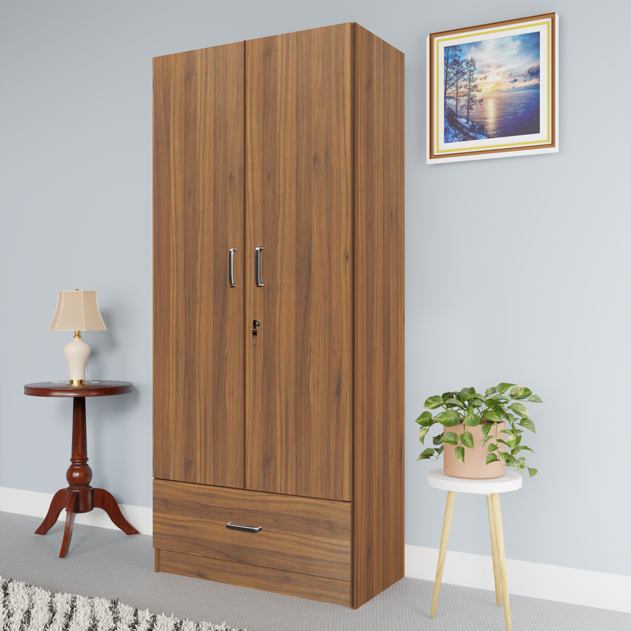 VIKI | Almirah for 2 Door Wardrobe with 1 Drawer & Hanging Space( 40D x 80W x 180.8H) Wardrobes VIKI FURNITURE Walnut