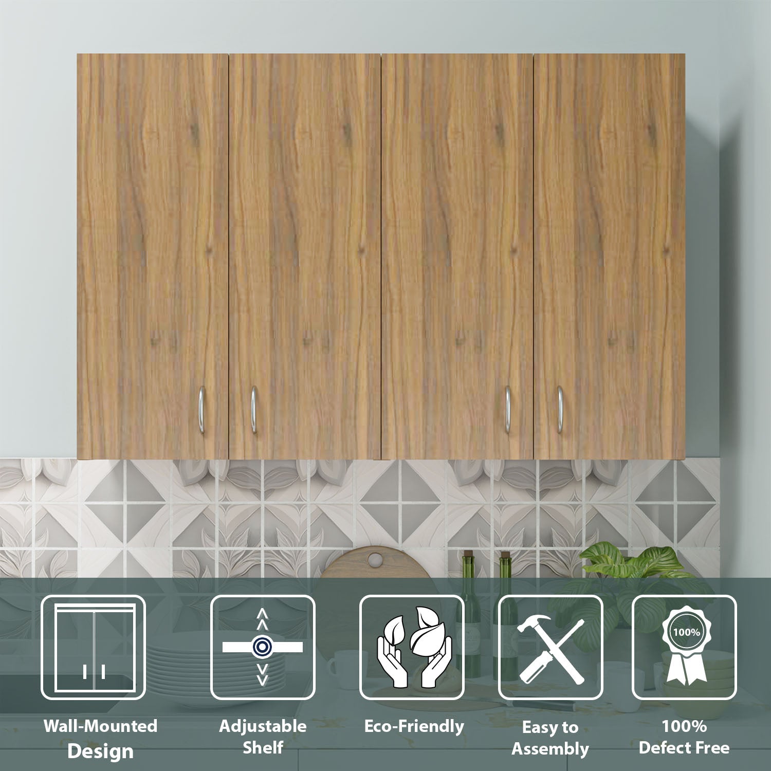 Multipurpose Wall Mounted Cabinet with 4 Doors kitchen cabinet VIKI FURNITURE 4 Doors Walnut Wooden Swinng