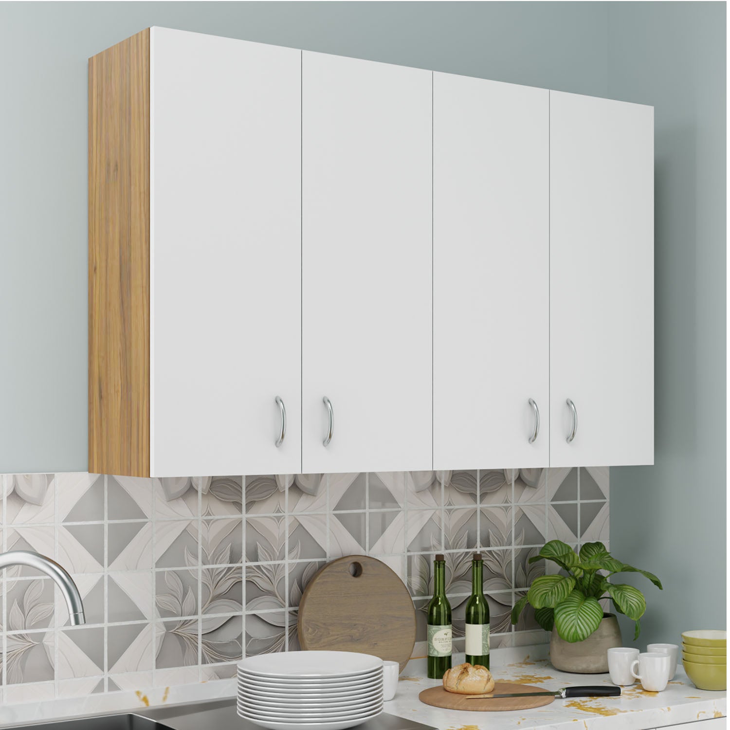 Traksha | Modular Kitchen | Wall Cabinet - 4 Doors kitchen cabinet VIKI FURNITURE White & Walnut