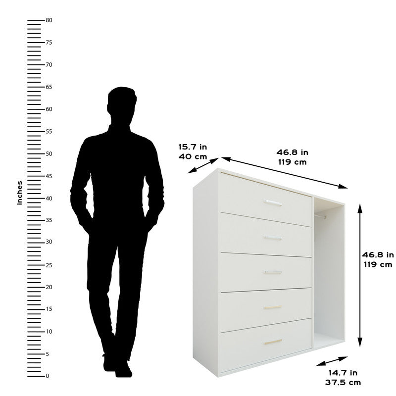KAYAL | Chest of 5 Drawer with Cloth Hanger | Frosty white/Wenge