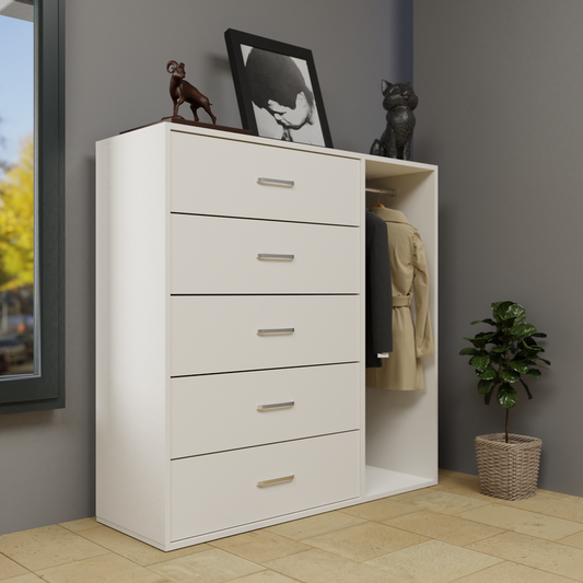 KAYAL | Chest of 5 Drawer with Cloth Hanger | Frosty white/Wenge Bedroom Furniture Sets VIKI FURNITURE Frosty White  