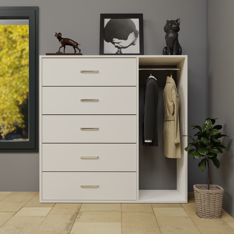 KAYAL | Chest of 5 Drawer with Cloth Hanger | Frosty white/Wenge