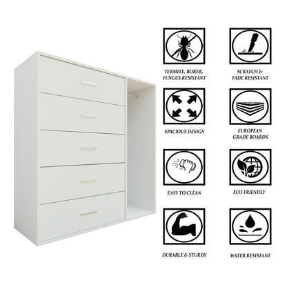 KAYAL | Chest of 5 Drawer with Cloth Hanger | Frosty white/Wenge