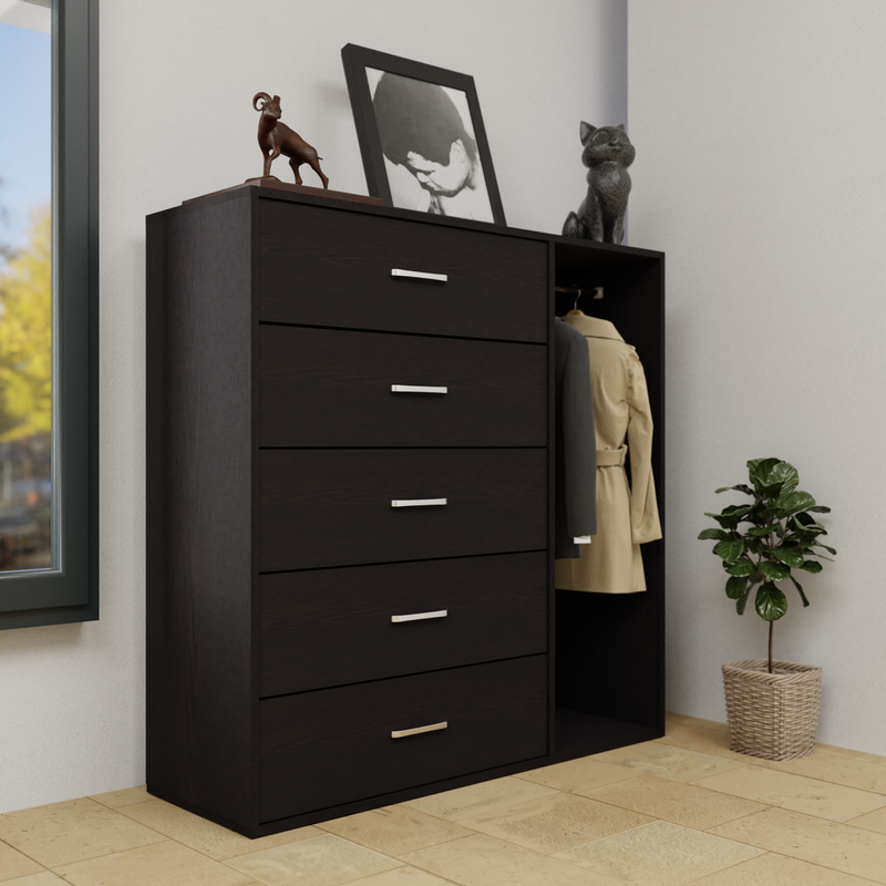 KAYAL | Chest of 5 Drawer with Cloth Hanger | Frosty white/Wenge