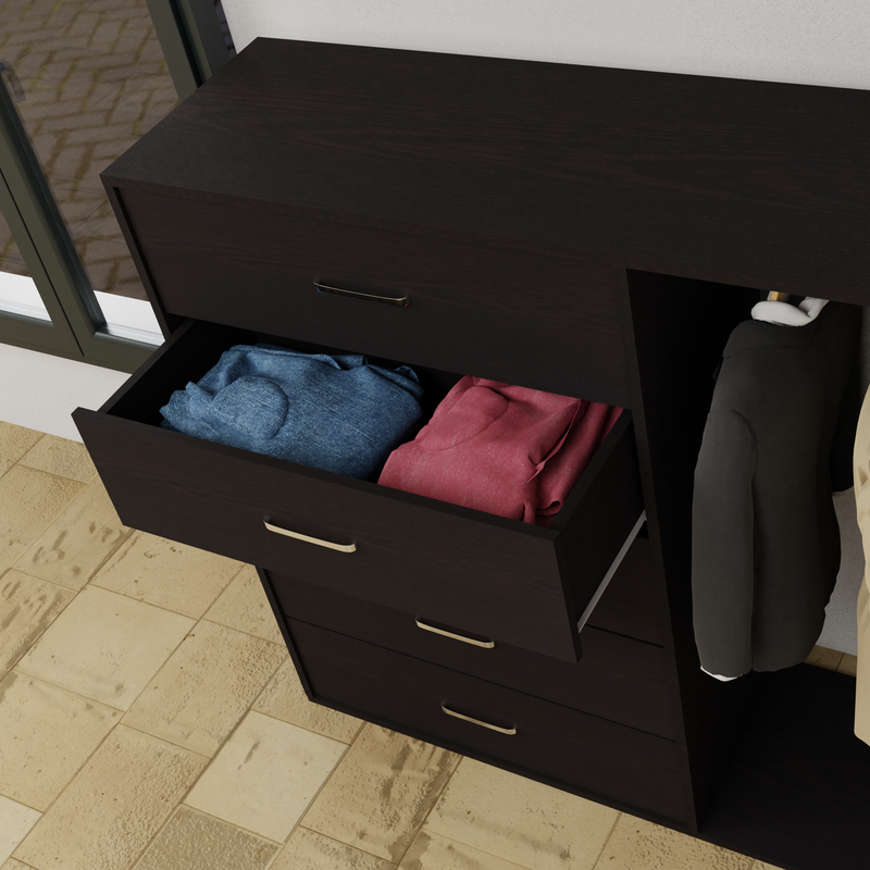 KAYAL | Chest of 5 Drawer with Cloth Hanger | Frosty white/Wenge