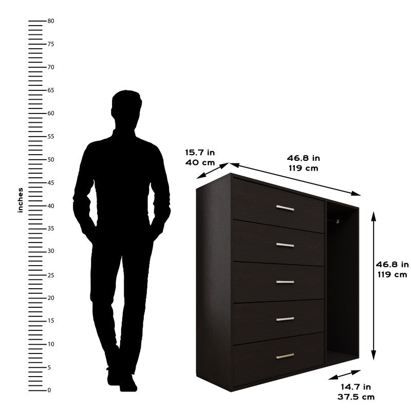 KAYAL | Chest of 5 Drawer with Cloth Hanger | Frosty white/Wenge