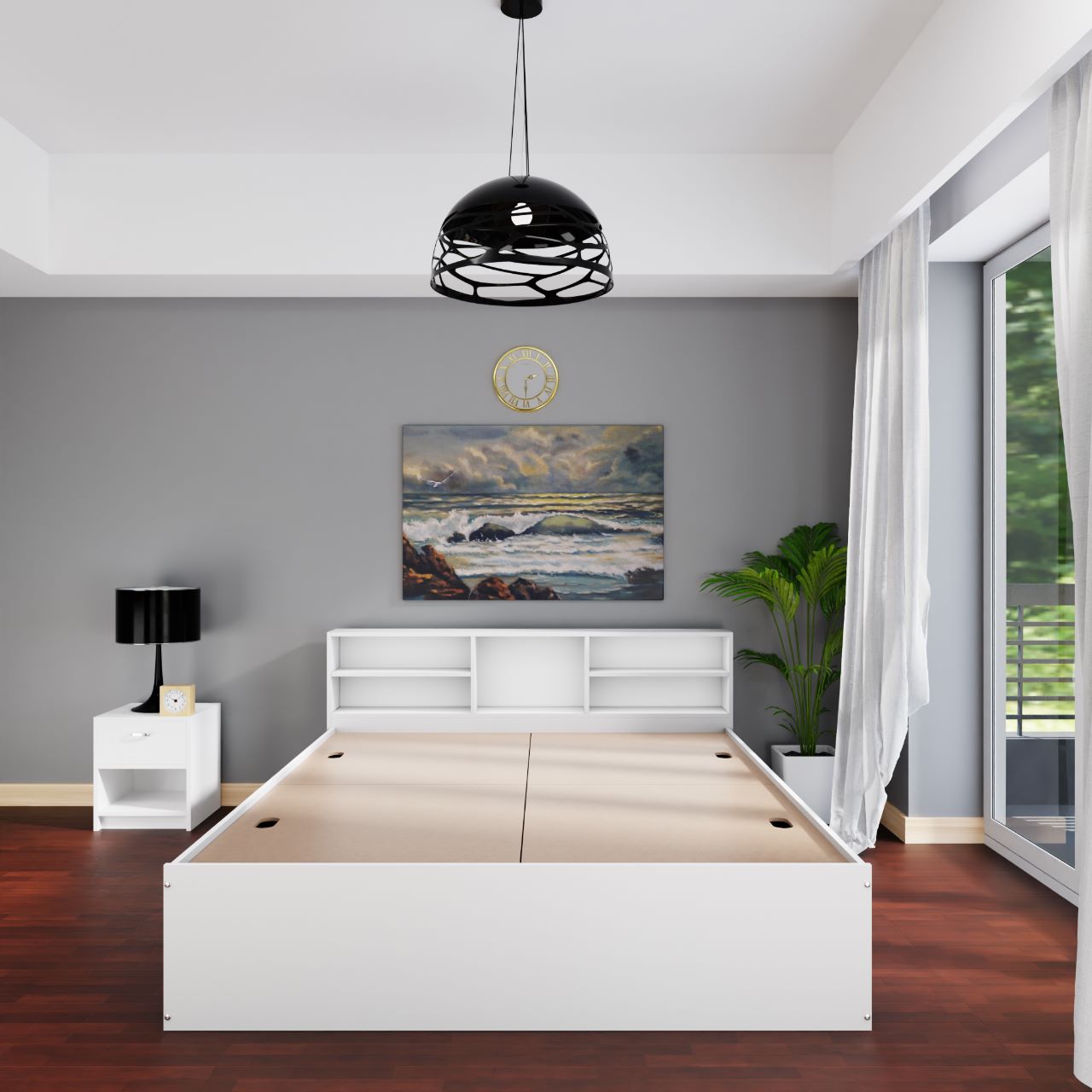 VIKI Engineered Wood Bed With Shelf (Queen size)-2100x1700x800-Frosty white & Wenge