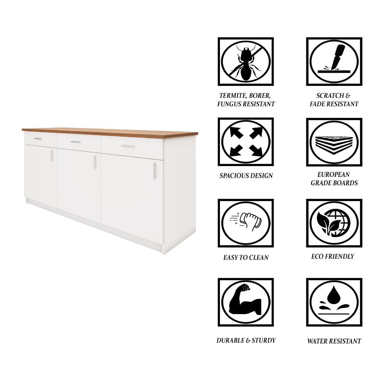 VIKI Kitchen Base Cabinets with 3 drawer , 3 doors - size : 180x88x60 CM ( Frosty White )