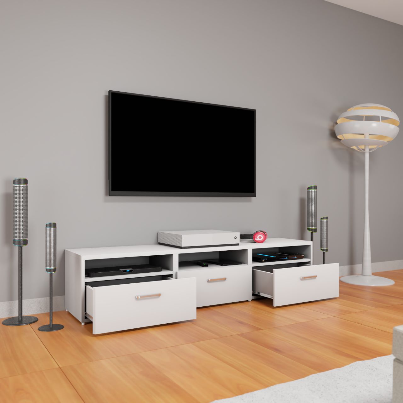 VIKI TV Unit with 3 Drawer . Size :180cmsx40cmsx38cms ( Frosty White & Wenge )