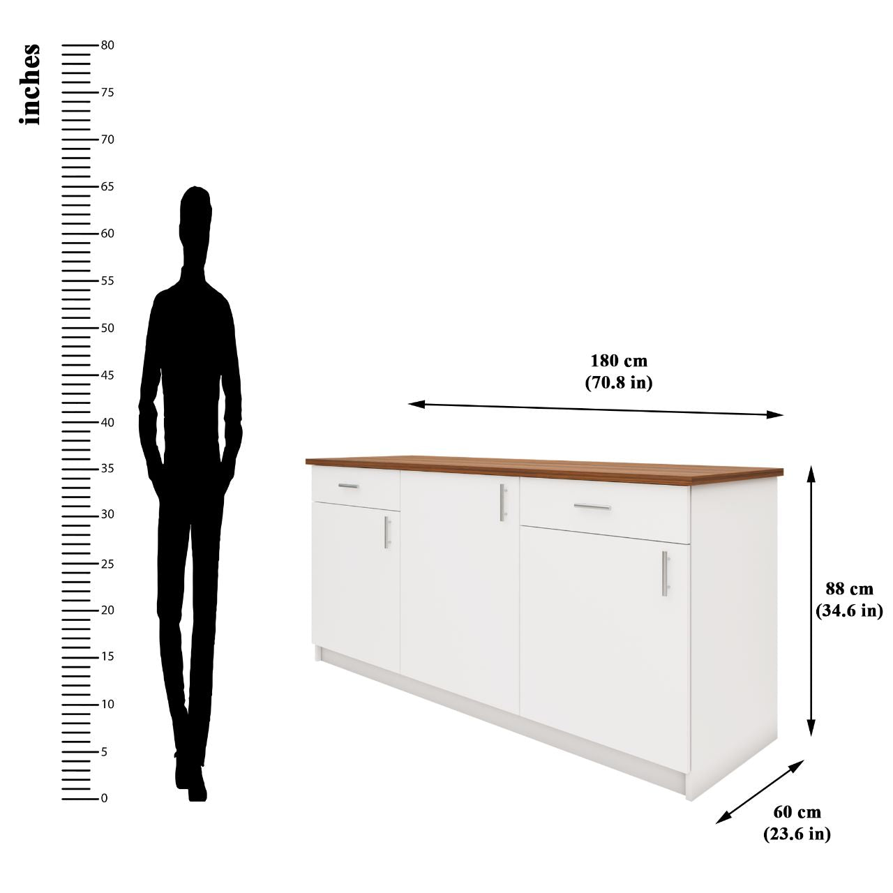 VIKI Kitchen Base Cabinets with 2 drawer , 3 doors - size : 180x88x60 CM ( Frosty White )