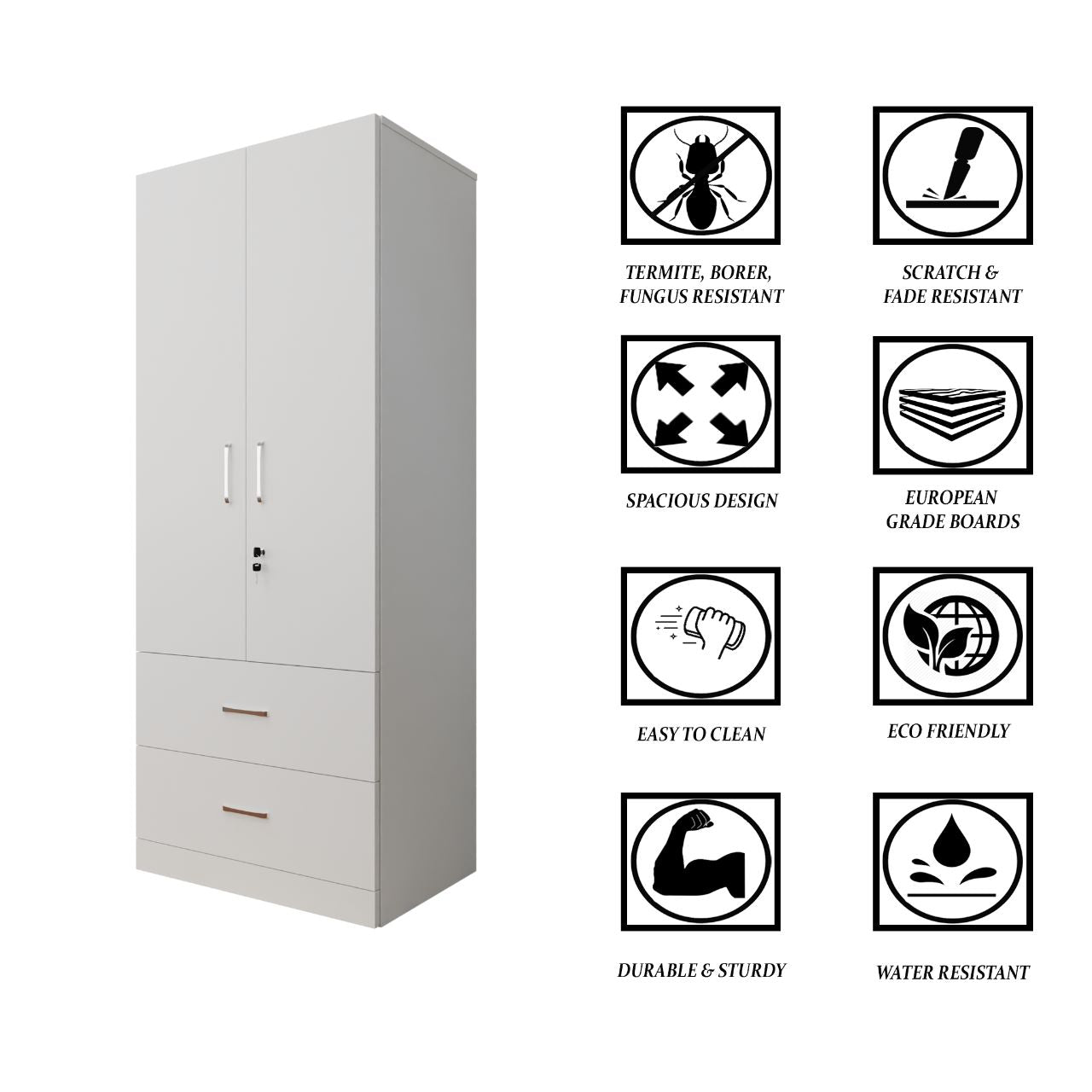 AVIRA | Wardrobe , Hinged | 2 Door, 2 Drawer Wardrobes VIKI FURNITURE   