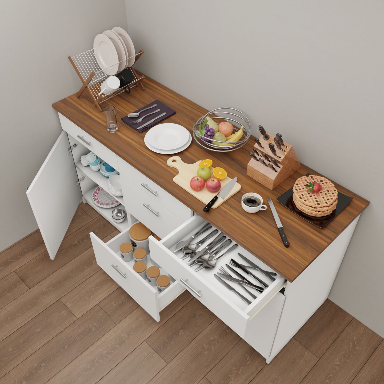VIKI Kitchen Base Cabinets with 3 Drawer cabin , 2 drawer 2 doors - size : 180x88x60 CM ( Frosty White )
